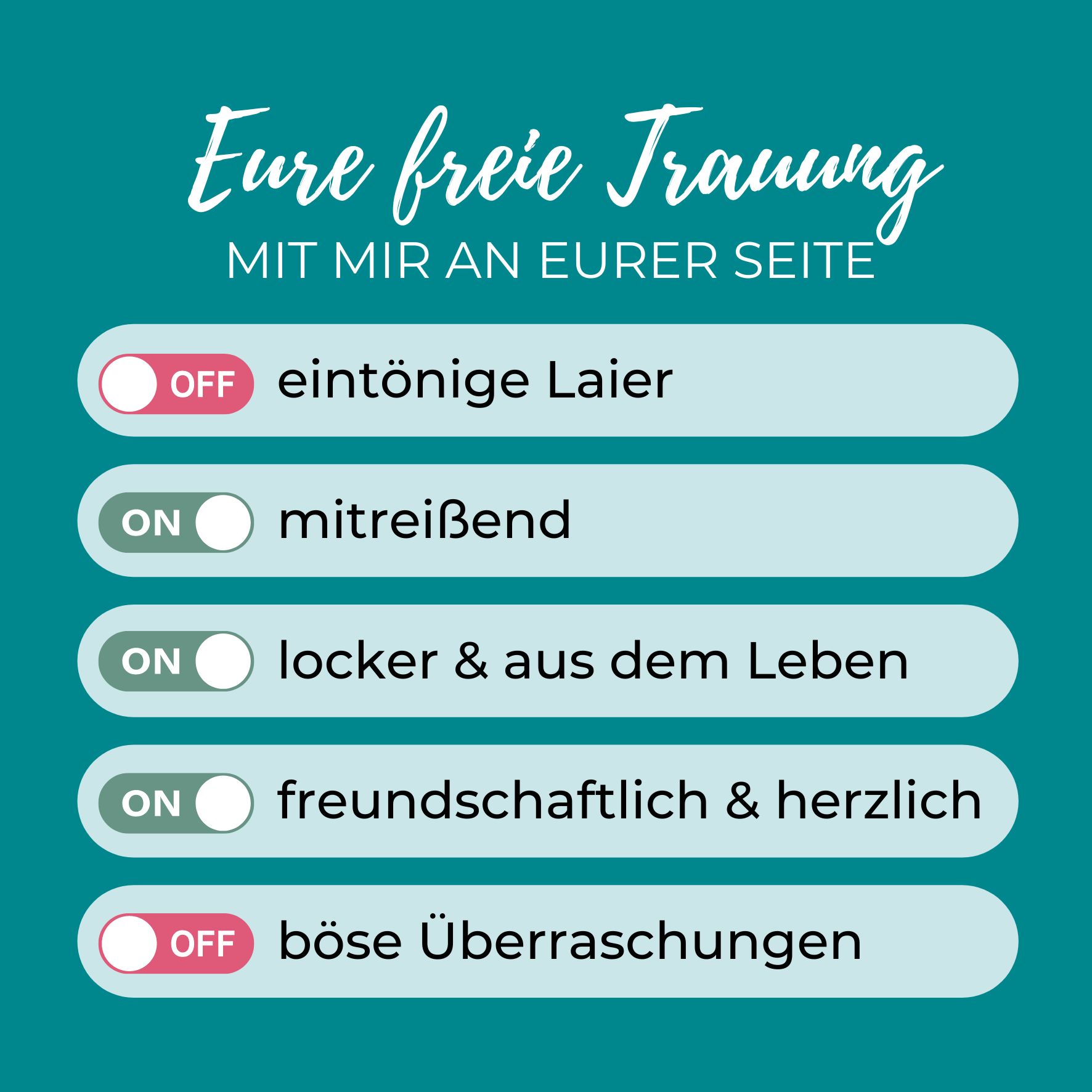 *Wie ist eine Trauung mit mir?*
Um euch das zu beschreiben, habe ich mal die Perspektive meiner Hochzeitspaare eingenommen und meine Bewertungen durchgelesen. Als Zusammenfassung ist dieser Post entstanden.
Was ich von den Gästen nach der Trauung selbst oft höre und mich sehr freut ist: „Man konnte dir so gut zuhören. Sonst schweift man in Gedanken in einer Trauung ja auch schon mal ab“.
Das liegt daran, dass ich über euch rede und nur Dinge sage, die persönlich und eben nicht allgemeingültig sind.
Aber es liegt auch daran, dass ich gern noch einen Schritt weiter gehe und versuche, alle mitzureißen: z.B. diejenigen, die euch verkuppelt haben, mal aufstehen lasse und wir alle für die Aktion applaudieren oder den Gästen mal eine kleine Frage stelle, die sie im Kopf oder per Handzeichen beantworten, aber vor allem ist es mitreißend, indem ich KEINE LAIER mache, sondern wirklich LEBE, was ich gerade sage.
Da Bilder mehr sagen als 1.000 Worte, seht ihr im Post ein paar Bilder, bei denen ich denke: „Das bin einfach ich“.
Wünscht auch ihr euch eure Trauung mitreißend, locker, aus dem Leben, freundschaftlich und herzlich? Dann lasst mich eure Rednerin sein!
Fotos (in der Reihenfolge) von:
@claraspictures
@anneguenst
@himmelblau
@Moritz.ziegler.fotografie
#mitreißend #locker #ausdemLeben #freundschaftlich #herzlich #freietrauung #hochzeit #wedding #heiraten #braut #bridetobe #traurednerin #trauung #freierednerin #liebe #hochzeitsrednerin #brautpaar #trauredner #freietraurednerin #bride #hochzeitsinspiration #love #hochzeitsplanung #hochzeitsfotografie #traumhochzeit #hochzeitss #hochzeitsredner #weddinginspiration #trauzeremonie #verlobt