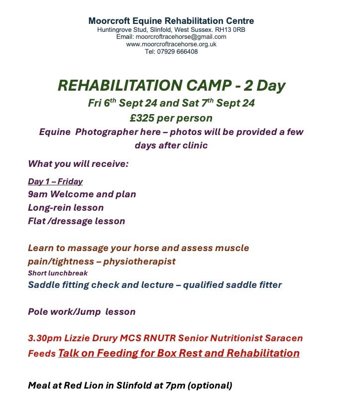 A fabulous chance to spend 2 days at Moorcroft on 6-7 Sept with your horse at our Rehabilitation Camp - full details of the itinerary below and you can book online (limited spaces available) with the following link:
https://www.tickettailor.com/events/moorcroftracehorse