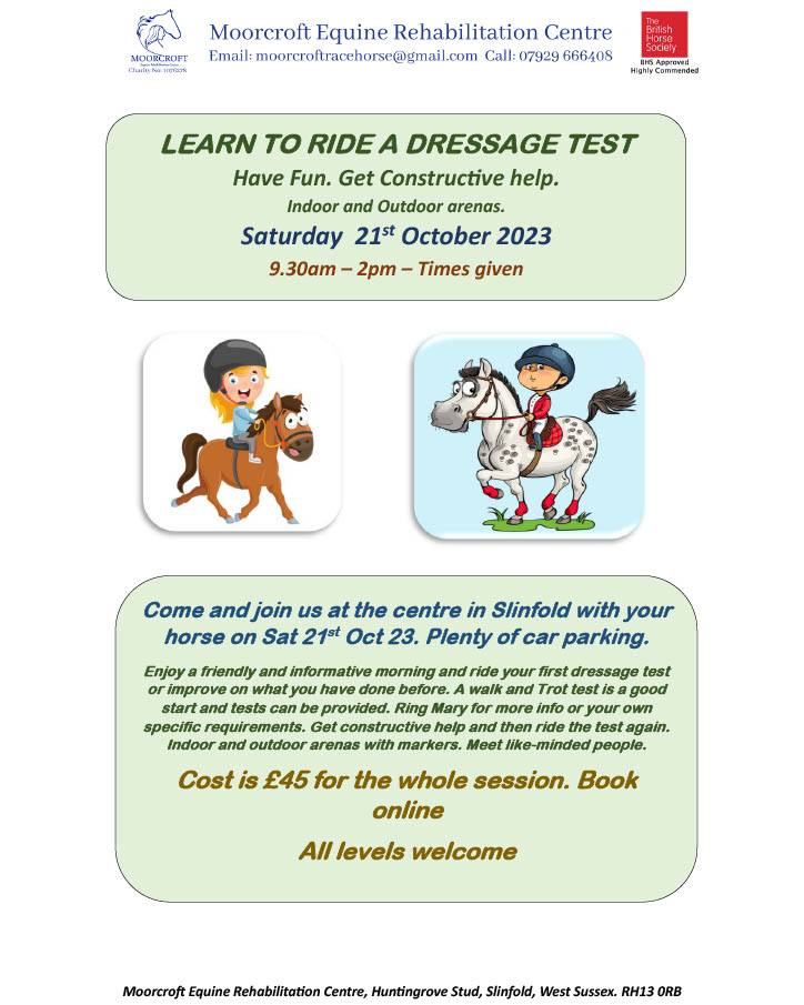 Join us for a fun day learning to ride a dressage test on your own horse. Meet like minded people and learn in a relaxed and encouraging environment. Limited spaces available so book early. Saturday 21 October 2023 from 9:30am to 2pm. Book on our website under events or use the following link: https://www.tickettailor.com/events/moorcroftracehorse
#learndressage #dressagenotstressage #dressageforbeginners #equinelearning