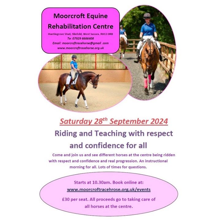 Come and see the horses at the Centre being ridden with respect & confidence and real progression. Join us on Saturday 28 September at 10:30am. £30 per person with all proceeds going to taking care of the horses at the Charity.Book online: https://www.tickettailor.com/events/moorcroftracehorse
#equinecharity #equinelearning #equinerehabilitation #equinerehabilitationcentre