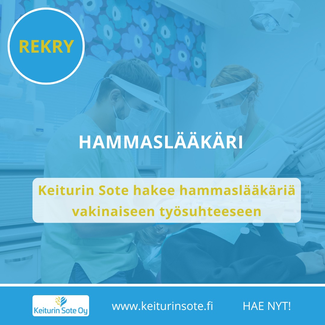 #REKRY HAMMASLÄÄKÄRI
? Keiturin Soten suun terveydenhuollossa on avoinna terveyskeskushammaslääkärin toimi.
? Työ on luonteeltaan laaja-alaista perushammaslääkärin työtä. Apua saat tarvittaessa ystävällisiltä työkavereilta. Virtain yksikössä toimii kolme muuta yleishammaslääkäriä, yksi suuhygienisti ja viisi hammashoitajaa. Ruoveden yksikössä toimii kaksi yleishammaslääkäriä ja kolme hammashoitajaa. Lisäksi meillä on suukirurgian ja oikojahammaslääkärin palvelut. Erikoishammaslääkäriohjauksessa voit paneutua oikomishoitoon niin halutessasi. Suun terveydenhuollon hoitohenkilöstön esihenkilötehtävissä toimii suuhygienisti.
? Kelpoisuusvaatimus on Suomessa laillistetun hammaslääkärin pätevyys. Edellytämme sinulta hyvää suomen kielen suullista ja kirjallista taitoa. Noudatamme kuuden kuukauden koeaikaa. Valitun on esitettävä hyväksyttävä lääkärintodistus terveydentilastaan. Lisäksi edellytämme tartuntatautilain 48 ja 48 a §:n mukaista rokotussuojaa. Keiturin Sote Oy on savuton työyhteisö.
? Toimimme Virtain ja Ruoveden alueella ja olemme osa Pirkanmaan hyvinvointialuetta. Keiturin Sote Oy on Pirkanmaan hyvinvointialueen omistama osakeyhtiö.
? Tarjoamme paikallisesti sovitun kilpailukykyisen palkan. Autamme mielellämme myös asunnon etsinnässä. Jos sinua kiinnostaa innostavassa ryhmässä toimiminen, suun terveydenhuollon kehittäminen ja laaja-alainen hammaslääkärin taitojen käyttäminen, hae meille!
? Lähetä hakemuksesi 31.10.2024 mennessä Kuntarekryssä. Hakulinkin löydät profiilistamme. Sopivan henkilön löytyessä voimme täyttää paikan jo hakuaikana.
#keiturinsote #avoimettyöpaikat #hammaslääkäri #tulemeilletöihin #virrat #ruovesi #pirkanmaa