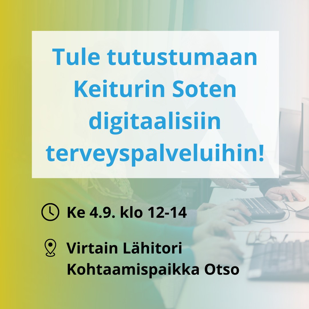 ❌ DIGINEUVONTA PERUTTU SAIRASTAPAUKSEN VUOKSI ❌
Tule tutustumaan digitaalisiin terveyspalveluihin Virtain Lähitorille!
? Keskiviikkona 4.9.2024 klo 12-14
? Virtain Lähitori, Kohtaamispaikka Otso, Virtaintie 36
Voit halutessasi ottaa oman laitteesi mukaan.
Lämpimästi tervetuloa!
#keiturinsote #virrat #digitaalisetpalvelut