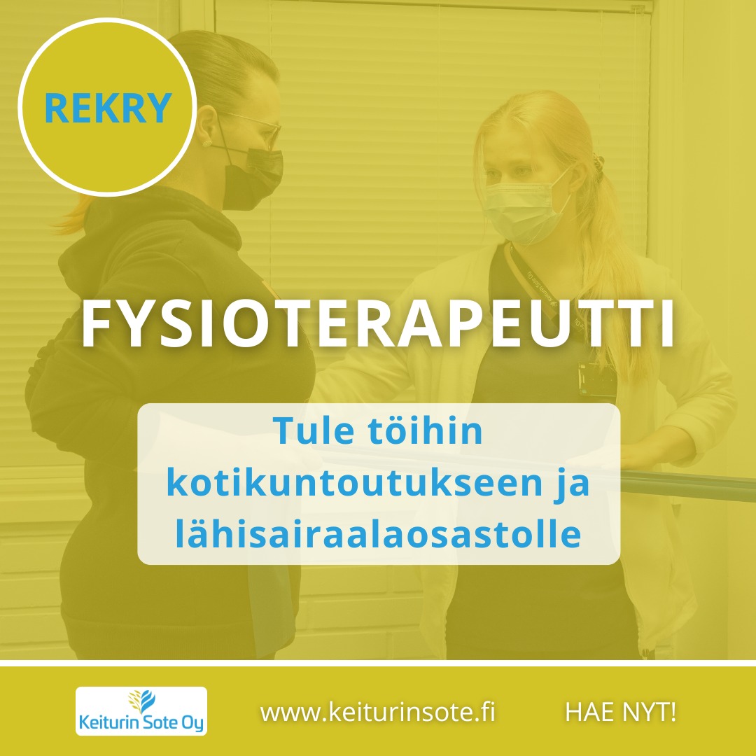 #REKRY FYSIOTERAPEUTTI
? Etsimme vakituiseen työsuhteeseen fysioterapeuttia Virrat-Ruovesi -alueelle. Fysioterapeutin työnkuvaan kuuluu työskentely kotikuntoutuksessa ja Virtain lähisairaalaosastolla. Toivomme sinulta innostunutta työotetta sekä hyviä vuorovaikutus- ja yhteistyötaitoja. Toimen hoitaminen edellyttää ajokorttia ja oman auton käyttö on suotavaa.
? Työ sisältää muun muassa:
▪ asiakkaiden toimintakyvyn tukemista ryhmä- tai yksilöohjauksena
▪ kuntoutumissuunnitelmien laatimista yhteistyössä asiakkaan, omaisten ja ammattilaisten kanssa
▪ kotona asuvien tai kotiutuvien asiakkaiden toimintakykyarviot ja kuntoutusjaksot
▪ apuvälineiden tarpeen arviointia helpottamaan asiakkaan kotona tai sen ympäristössä selviytymistä
▪ osallistumista toiminnan kehittämiseen omassa työyhteisössä
▪ moniammatillinen yhteistyö mm. kotihoidon ja ikääntyneiden palveluohjauksen kanssa
? Tarjoamme sinulle merkityksellistä työtä, tiimin tuen sopivan kokoisessa työyksikössä, jossa ohjausta ja tukea on lähellä sekä viihtyisän ja vaihtelevan työympäristön. Perehdytämme sinut tehtäviisi. Meillä pääset hyödyntämään ammattitaitoasi monipuolisesti.
? Käytössäsi on Smartum liikunta-, kulttuuri- ja hierontaetu. Tuemme työntekijöidemme ammatillista kehittymistä mm. kurssi- ja webinaarimuotoisen opiskelun kautta. Tarvittaessa avustamme asunnon hankinnassa. Tutustu myös Virtain kaupungin elinvoimapaketin etuihin: www.virrat.fi/elinkeinot-ja-tyollisyys/onnistu-virroilla/
Kiinnostuitko?
? Lähetä hakemuksesi 23.9.2024 mennessä Kuntarekryssä. Hakulinkin löydät profiilistamme. Laitathan hakemuksesi pikaisesti, sillä saatamme täyttää toimen jo hakuajan puitteissa.
Hae nyt!
#keiturinsote #avoimettyöpaikat #fysioterapeutti #tulemeilletöihin #virrat #ruovesi #pirkanmaa