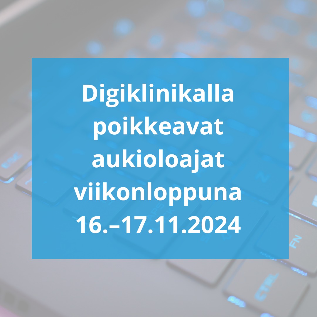 Pirkanmaan hyvinvointialue tiedottaa:
Digiklinikka sulkeutuu lauantaina 16.11.2024 jo kello 18.30 ja avautuu sunnuntaiaamuna 17.11. vasta kello 10 ja palvelee kello 22 saakka. Sunnuntain ja maanantain välisenä yönä digiklinikalle voi taas jättää viestejä tavalliseen tapaan.
Maanantaista 18.11. lähtien digiklinikka palvelee normaalisti joka päivä kello 8–22, ja viestejä voi jättää ympäri vuorokauden.
Digiklinikan ollessa kiinni kiireellisissä asioissa apua saa päivystysavun numerosta 116117. Digiklinikan katkon aikana tulevana viikonloppuna päivystysapu toimii ilman potilastietojärjestelmää tarjoten yleistä ohjausta ja neuvontaa. Hätätilanteessa soita aina hätänumeroon 112.
Käyttökatko liittyy potilastietojärjestelmien yhtenäistämisen valmisteluun. Pahoittelemme katkon aiheuttamaa haittaa.