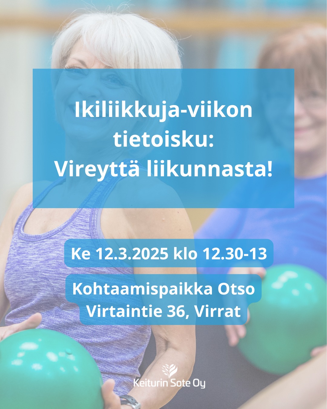 Ensi viikolla vietetään Ikiliikkuja-viikkoa! Tule Virtain lähitorille kohtaamispaikka Otsoon keskiviikkona 12.3.2025 klo 12.30 kuuntelemaan terveydenhoitajan tietoiskua aiheesta Vireyttä liikunnasta.
#keiturinsote #virrat #ikiliikkujaviikko #liikunta #hyvinvointi