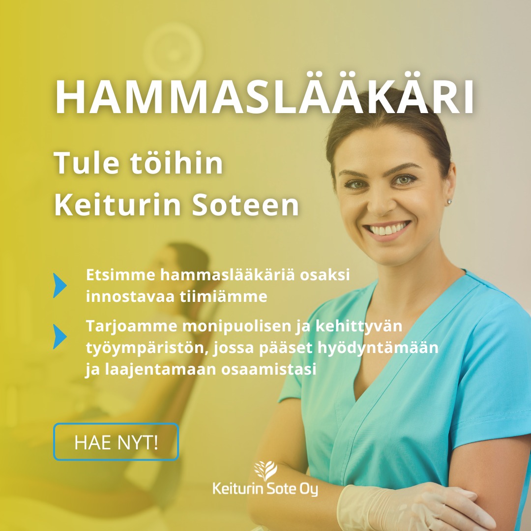#REKRY HAMMASLÄÄKÄRI
Tule tekemään merkityksellistä työtä!
? Etsimme motivoitunutta ja osaavaa hammaslääkäriä liittymään ammattitaitoiseen tiimiimme. Tarjoamme monipuolisen ja kehittyvän työympäristön, jossa pääset hyödyntämään ja laajentamaan osaamistasi. Toimimme Virtain ja Ruoveden alueella ja olemme osa Pirkanmaan hyvinvointialuetta. Keiturin Sote Oy on Pirkanmaan hyvinvointialueen omistama osakeyhtiö.
? Tarjoamme:
▪ Monipuoliset työtehtävät: Mahdollisuus syventää osaamista kliinisillä osa-alueilla
▪ Säännöllinen koulutus: Mahdollisuus osallistua säännöllisiin koulutuksiin
▪ Hyvä työyhteisö: Kokeneen kollegan tuki ja hyvä yhteishenki
▪ Hyvät työtilat: Ajanmukaiset välineet ja viihtyisät tilat
▪ Kilpailukykyinen palkkaus: Selkeä palkkarakenne ja toimenpidepalkkiot tai vaihtoehtoisesti kiinteä tuntipalkkaus
▪ Joustavat työajat: Mahdollisuus osa-aikatyöhön ja joustaviin työaikoihin
▪ Työhyvinvointi: Laadukas työterveyshuolto, Smartum-etu ja tuki työssä jaksamiseen
? Lisäksi Virrat tarjoaa:
▪ Uusien työntekijöiden käyttöön mm. asuntoja 50 % alennuksella kuuden kuukauden ajaksi, maksuttoman varhaiskasvatuksen sekä alle 3-vuotiaasta lapsesta kotihoidontuen kuntalisää ensimmäisestä lapsesta 300 euroa/lapsi/kk ja muista lapsista 100 euroa/lapsi/kk
▪ Hyvät ja monipuoliset liikuntamahdollisuudet ja upean luonnon
? Tehtävän vaatimukset:
▪ Suomessa laillistettu hammaslääkäri
▪ Hyvät vuorovaikutustaidot ja tiimityöskentelykyky
▪ Kiinnostus ammatilliseen kehittymiseen
Kiinnostuitko?
? Lue lisää ja lähetä hakemuksesi Kuntarekryssä viimeistään 30.4.2025. Hakulinkin löydät kommenteista. Sopivan henkilön löytyessä voimme täyttää paikan jo hakuaikana.
Hae nyt!
#keiturinsote #avoimettyöpaikat #hammaslääkäri #tulemeilletöihin #virrat #pirkanmaa