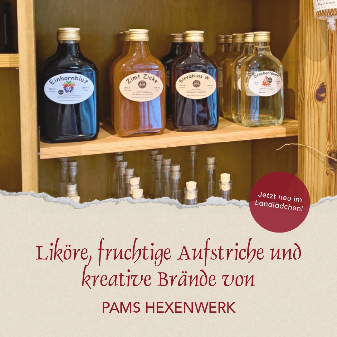 ?✨ NEU in unserem Landlädchen: Magische Leckereien von Pams Hexenwerk! ✨?
Ab sofort könnt ihr bei uns die einzigartigen Produkte von Pams Hexenwerk entdecken – echte Handwerkskunst aus dem Modautal, die mit viel Liebe und natürlichen Zutaten hergestellt wird. ?❤️
Egal, ob ihr auf der Suche nach außergewöhnlichen Likören, fruchtigen Aufstrichen oder kreativen Bränden seid – die Produkte sind nicht nur genial lecker, sondern auch echte Gesprächsthemen: Die Namen sind nämlich der echte Knaller! ?✨
? Cordula G. – ? BleedNuss – ? Hunds Ärsch…und das ist nur ein kleiner Vorgeschmack!
Kommt vorbei, stöbert in unserem Landlädchen und entdeckt die Welt der Odenwälder Kochkäserei, Produkte von Pams Hexenwerk und vielen weiteren regionalen Erzeugern.
? Landlädchen: Lauten-Weschnitzer-Straße 11, 64658 Fürth – Lörzenbach
#OdenwälderKochkäserei #Landlädchen #PamsHexenwerk #RegionalGenießen #HandgemachtMitLiebe #LikörLiebe #FruchtAufstrichMagie #KaufLokal #EinzigartigLecker