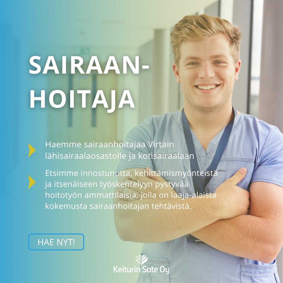 #REKRY SAIRAANHOITAJA
? Sairaanhoitaja, tule mukaan tekemään merkityksellistä työtä Virtain lähisairaalaosastolle ja kotisairaalaan! Etsimme joukkoomme innostunutta, kehittämismyönteistä ja itsenäiseen työskentelyyn pystyvää hoitotyön ammattilaisia, jolla on laaja-alaista kokemusta sairaanhoitajan tehtävistä.
?Ikäihmisiä arvostava hoitotyö on edellytys työssä onnistumiselle. Työssä tarvitaan myös itsenäistä päätöksentekokykyä. Arvostamme hyvien työyhteisö- ja vuorovaikutustaitojen lisäksi oma-aloitteisuutta.
?Lähisairaalaosaston potilaat saapuvat oman kunnan kiirevastaanotolta, Tays Acutan päivystyksestä sekä jatkohoitoon erikoissairaanhoidon eri osastoilta. Hoidamme osastolla myös sekä palliatiivisia että saattohoitopotilaita. Kotisairaala tarjoaa sairaalatasoista hoitoa asiakkaan kotona sekä tarvittaessa palveluasumisyksiköissä. Kotisairaalan toimipiste sijaitsee Virroilla lähisairaalaosaston yhteydessä. Kotisairaala toimii Ruoveden ja Virtain alueella. Työtehtäviisi kuuluu esimerkiksi kotona tehtäviä tutkimuksia, vaativia haavahoitoja ja suonensisäisiä lääke- ja nestehoitoja.
?Kelpoisuusvaatimuksena on Suomessa laillistettu sairaanhoitajan tutkinto (AMK tai vastaava opistoasteen tutkinto). Työ on pääsääntöisesti kolmivuorotyötä ja noudatamme kuuden kuukauden koeaikaa. Edellytämme tartuntatautilain (1227/2016) 48 § mukaista rokotesuojaa. Työsuhteeseen valitun on esitettävä hyväksyttävä lääkärintodistus terveydentilastaan. Noudatamme AVAINTES-työehtosopimusta.
? Keiturin Sotessa arvostetaan työkavereita, perehdytetään työhön ja tuetaan työntekijän hyvinvointia joustavin ratkaisuin. Tarjoamme työntekijöillemme laajat työterveyshuollon palvelut. Lisäksi käytössäsi on muun muassa Smartum liikunta-, hieronta- ja kulttuurietu, liikunta- ja virkistystunti työajalla sekä aktiivista tyhytoimintaa.
Kiinnostuitko?
? Lue lisää ja lähetä hakemuksesi Kuntarekryssä viimeistään 7.9.2025. Hakulinkin löydät profiilistamme. Työn aloitusajankohdasta voidaan sopia yhdessä. Tehtävä voidaan täyttää myös heti sopivan henkilön löytyessä.
Hae nyt!
#keiturinsote #avoimettyöpaikat #sairaanhoitaja #virrat #ruovesi #pirkanmaa