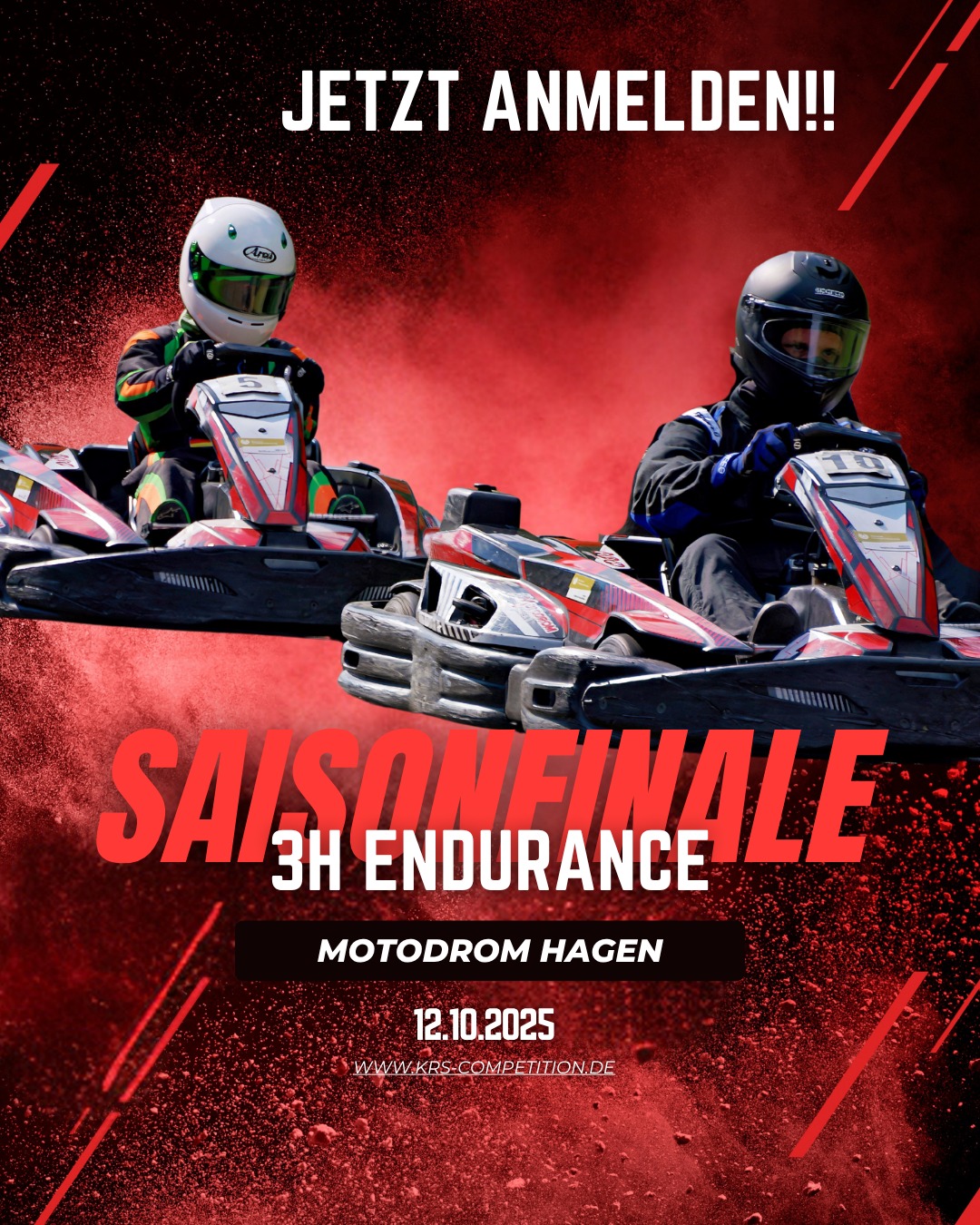 Outdoor Saisonabschluss von KRS Competition
Am 12. Oktober beenden wir unsere Outdoor-Saison 2025 mit einem 3h Rennen auf der Anlage vom Motodrom Hagen.
Sei auch Du mit Deinem Team dabei und melde dich jetzt an: racing@krs-competition.de
Die Fakten:
wo: Motodrom Hagen, Am Damm 1, 58091 Hagen
Zeitplan:
10:00 Uhr: Eintreffen der Teilnehmer
10:40 Uhr: Qualifying
11:00 Uhr: Start 3h Rennen
14:00 Uhr: Zieleinlauf
14:15 Uhr: Siegerehrung
Preis: 240 € pro Team
Anmeldung: racing@krs-competition.de
© Bild / Plakat: Erik Forker / KRS Competition
#gottfriedschultzdormagen #imocareimmobilienservicegmbh #sinnilandevents #wohndesignpulheim #BOBAutomobile #karosserieschrickel #Race4Hospiz #teamwork #teamspirit #KRSCompetition #TeamPower #ladiesteam #KartingPower #KartingVibes #MotorsportLovers #motodromhagen #OutdoorRacing
#NextLevel #MotorsportLiebe #karting #wetrace #sodiworldseries #sws