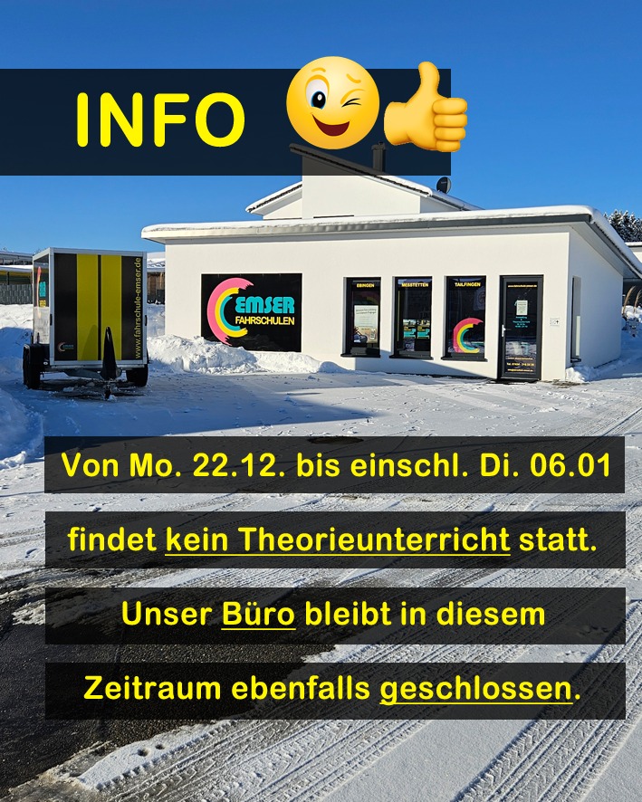 Liebe Fahrschüler ?,
vom 22.12. bis einschließlich 6.01. findet kein Theorie-Unterricht statt ℹ. Auch unser Büro ist in diesem Zeitraum leider nicht erreichbar ?.
Ab Mittwoch, 07.01.2026 geht es wieder weiter! ???☀
#fahrschule #emser #albstadt #ebingen #tailfingen #meßstetten #winterlingen #strassberg #zollernalbkreis