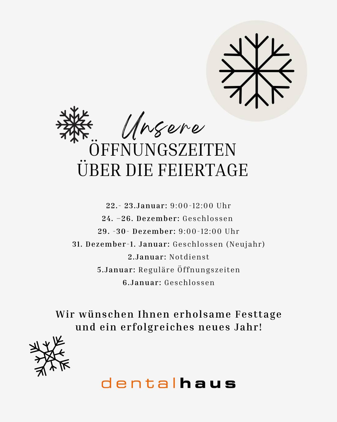 Unsere Öffnungszeiten über die Feiertage, damit Sie bestens informiert sind.
#Öffnungszeiten #Feiertage #PraxisInfo #Forchheim #dentalhaus