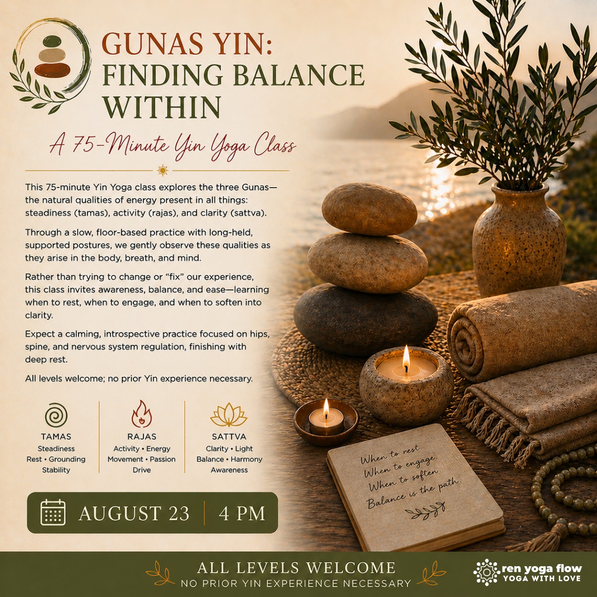 gunas yin is tomorrow — the final class of the summer yin series.
4pm at the studio. a calming practice exploring steadiness, activity, and clarity.
come as you are.
https://www.renyogaflow.com/yin-summer-series
#PuebloCO #YinYoga #YogaPhilosophy #NervousSystemHealing #RenYogaFlow