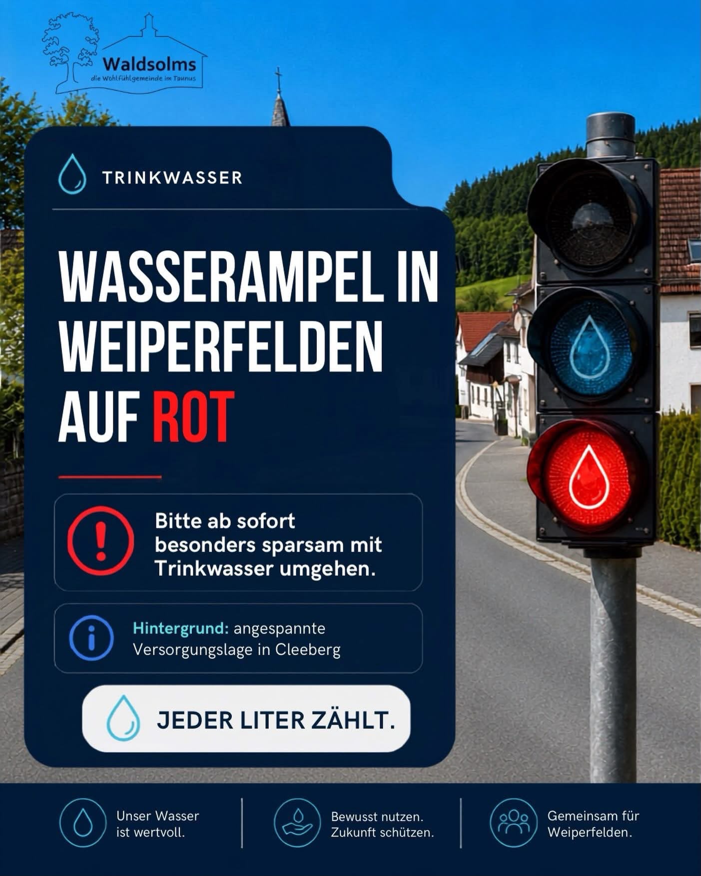 +++ I N F O +++
Der vorige Beitrag zur roten Wasserampel in Weiperfelden wurde gelöscht, da es folgende Ergänzung gibt:
Wasserampel in Weiperfelden wird auf ROT gestellt
Die anhaltende Trockenheit verschärft inzwischen auch die Situation der Trinkwasserversorgung in unserer Region. Besonders angespannt ist die Lage derzeit im Langgönser Ortsteil Cleeberg. Dort wird ab Freitag, 14. August, aufgrund der stark zurückgegangenen Fördermengen der Brunnen der Wassernotstand ausgerufen.
Da Weiperfelden über Cleeberg mit Trinkwasser versorgt wird, reagieren wir ebenfalls und stellen die Wasserampel für Weiperfelden auf ROT.
Das bedeutet: Bitte reduziert euren Trinkwasserverbrauch ab sofort auf das notwendige Maß.
Wasserampel für Waldsolms auf GELB
Die Wasserampel für den restlichen Ortsteile Waldsolms wird vorsorglich auf Gelb gestellt.
Gelb bedeutet deshalb vor allem: Bitte helft mit, den Trinkwasserverbrauch in den kommenden Tagen etwas zu reduzieren. Es geht ausdrücklich noch nicht um Verbote, sondern um einen gemeinsamen und verantwortungsvollen Umgang mit unserem Wasser.
Vielen Dank an alle, die verantwortungsvoll mit unserem Trinkwasser umgehen.
#waldsolms112 #WirfürWaldsolms #gemeinsamstark