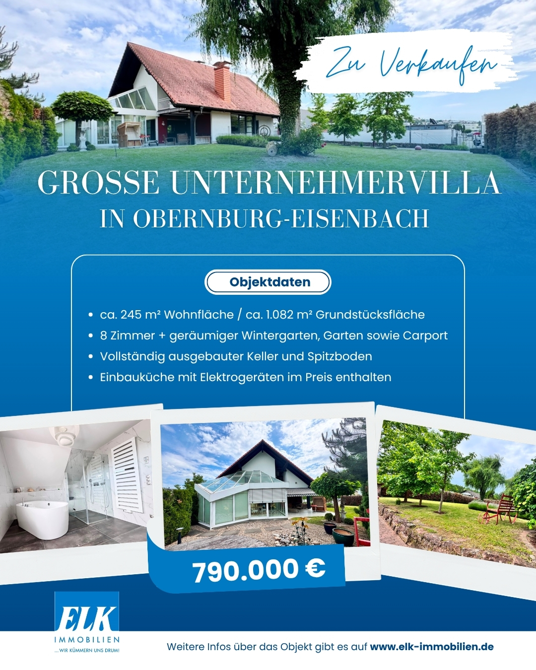 Große Unternehmervilla mit viel Platz in Obernburg-Eisenbach. 🏡✨
📍 63785 Obernburg-Eisenbach
🏠 ca. 245 m² Wohnfläche
🌳 ca. 1.082 m² Grundstücksfläche
🛏️ 8 Zimmer
☀️ geräumiger Wintergarten
🏡 vollständig ausgebauter Keller und Spitzboden
🍽️ Einbauküche mit Gaggenau-Elektrogeräten inklusive
🚗 Carport und große Einfahrt mit Platz für mehrere Fahrzeuge
Die großzügige Villa bietet viel Platz für die ganze Familie und überzeugt mit einem ca. 60 m² großen Wohn- und Essbereich, einem rund 30 m² großen Wintergarten sowie einem weitläufigen Garten mit mehreren Terrassenbereichen. Das Obergeschoss wurde 2016 umfassend modernisiert und verfügt unter anderem über ein großzügiges Schlafzimmer mit begehbarem Kleiderschrank und En-Suite-Badezimmer. 🌿
💰 Kaufpreis: 790.000 €
📞 Jetzt unverbindlichen Besichtigungstermin vereinbaren: 06022 / 1221
🖥 www.elk-immobilien.de