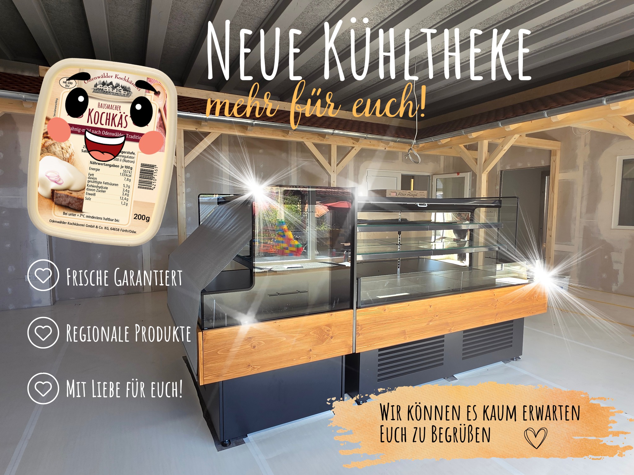 Vielleicht habt Ihr es schon mitbekommen: Unser Landlädchen wächst ?
Die Vorbereitungen für unser neues, größeres Landlädchen laufen auf Hochtouren – und Stück für Stück nimmt alles Gestalt an. ?
Ein echtes Herzstück ist bereits eingezogen: unsere neue Kühltheke! ✨
Freut euch auf mehr Platz, mehr Auswahl und natürlich ganz viel Frische, Regionalität und Genuss.
?Die Eröffnung ist für Ende Oktober 2026 geplant. ?
Das genaue Eröffnungsdatum verraten wir euch natürlich noch rechtzeitig.
Bis dahin nehmen wir euch gerne bei den letzten Schritten mit. ??
Wir können es kaum erwarten, euch endlich begrüßen zu dürfen! ?
#odenwälderkochkäserei #kochkäse #landlädchen #eröffnung #neueröffnung #baldistessoweit #regional #regionaleinkaufen #vielfalt #odenwald #hausgemachtmitherz