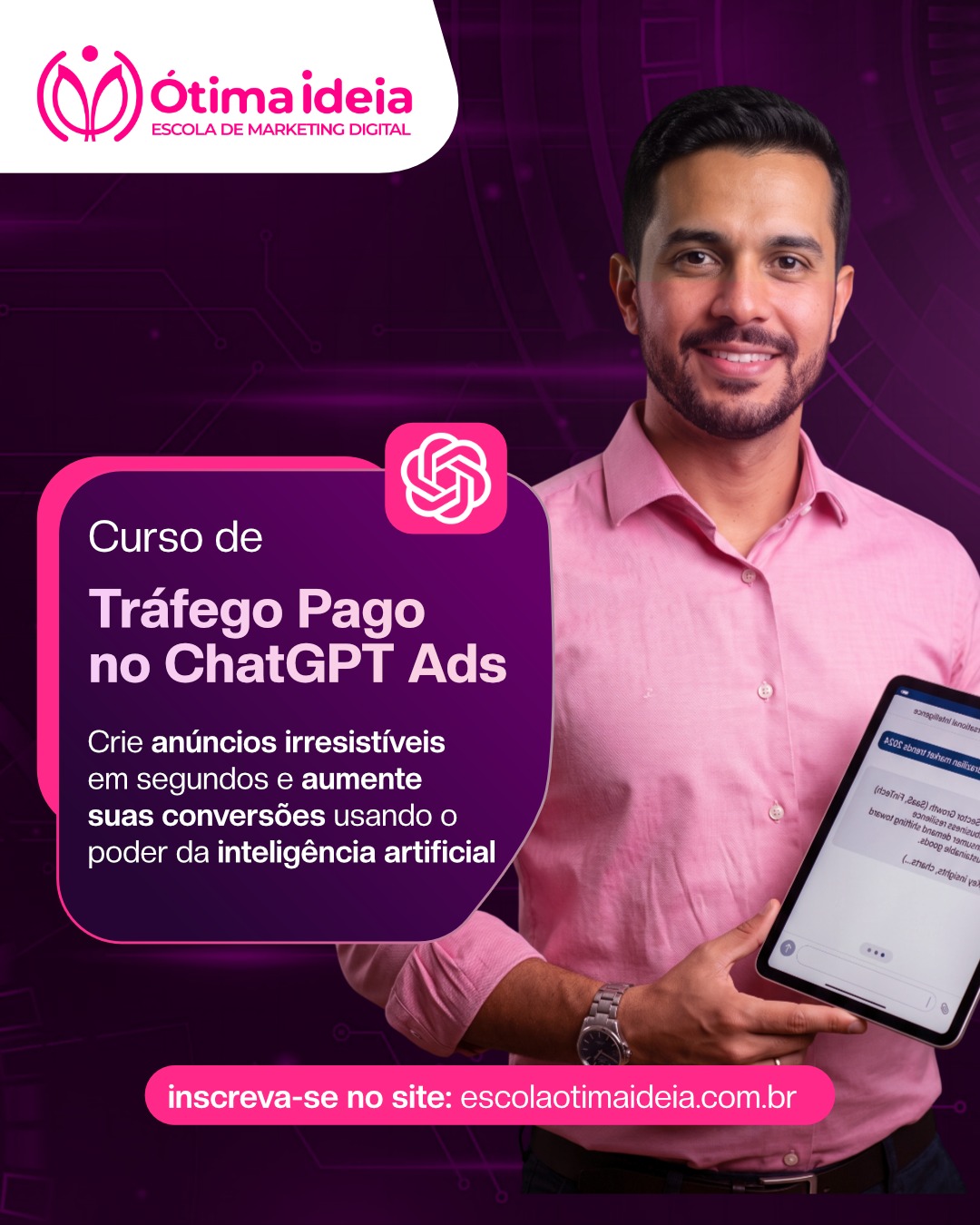 Travado na hora de escrever a copy do seu anúncio? 📝 Com o Curso de ChatGPT Ads, você vai criar anú