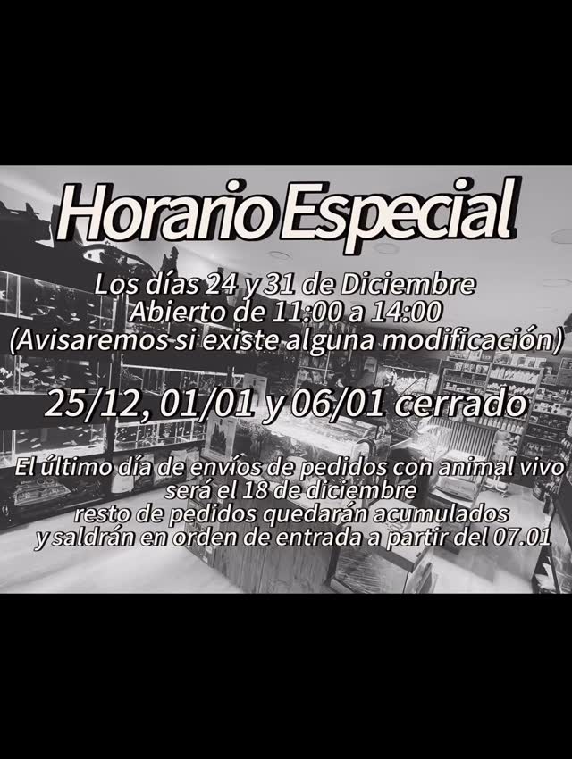 ? HORARIO ESPECIAL DE NAVIDAD ?
? 24 y 31 de diciembre
⏰ De 11:00 a 14:00
⚠️ Pendiente de confirmación
Debido a la fiesta que se celebra esos días en la Plaza Ondarreta, donde se concentran cientos de personas, estamos valorando cerrar por seguridad.
? Os avisaremos con antelación de cualquier cambio.
❌ CERRADO
25/12 · 01/01 · 06/01
? ENVÍOS
? Último día de envíos con animal vivo: 18 de diciembre
? El resto de pedidos se acumularán y saldrán por orden a partir del 07/01
Gracias por vuestra comprensión y por apoyarnos un año más ?
¡Felices fiestas! ?✨
#HorarioNavidad
#NavidadAcuario
#Acuarios
#TiendaAcuarios
#Navidad2025
#Aquascaping
#AnimalVivo
#Ondarreta
#comerciolocal