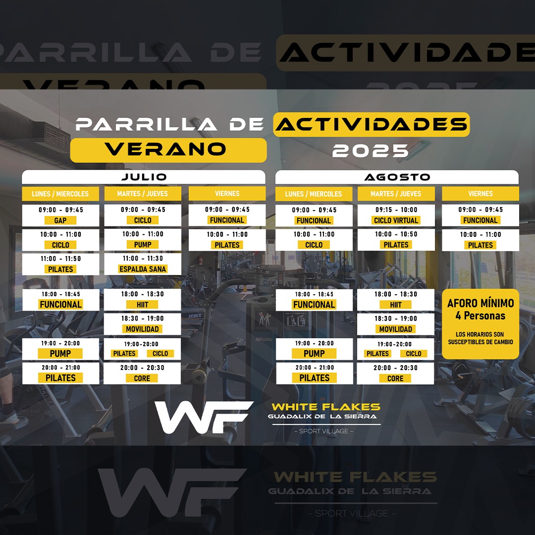 ? ¡NUEVA PARRILLA DE ACTIVIDADES DE VERANO! ?
Julio y Agosto llegan cargados de energía en WF Guadalix Sport Village ?☀️
Prepárate para sudar con nuestras clases de Funcional, Ciclo, HIIT, Pilates, Core, Pump... ¡y mucho más!
Mañanas y tardes llenas de movimiento para todos los niveles ??
? Consulta los nuevos horarios y ¡reserva tu plaza!
⚠️ Recuerda: aforo mínimo de 4 personas y horarios susceptibles de cambio.
@whiteflakesco
@aytoguadalixdelasierra
#WhiteFlakes #WFGuadalix #VeranoActivo #FitnessTime #GimnasioGuadalix #EntrenaConNosotros #ActividadesColectivas #PonteEnForma #PlanazoDeVerano