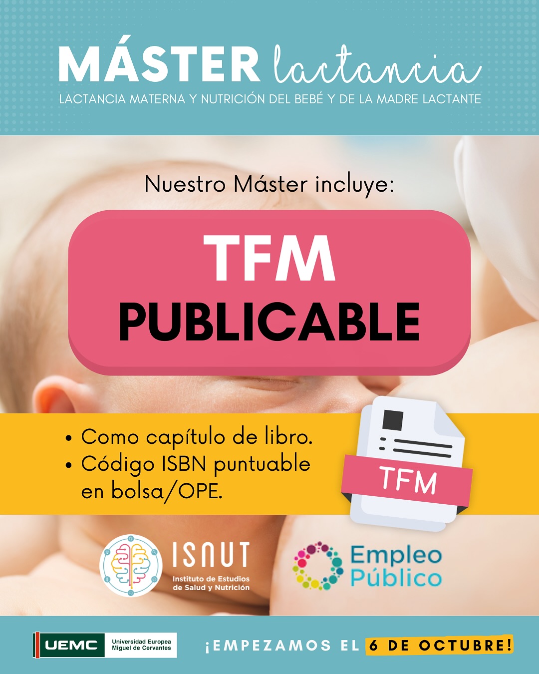 ✨TFM PUBLICABLE CON EL MÁSTER EN LACTANCIA‼️
? En el Máster Universitario en Lactancia de ISNUT, tu Trabajo Final de Máster (TFM) no es solo el cierre de tu titulación: es una oportunidad real de proyección académica y profesional.
¿Qué lo hace único?
?Posibilidad de publicar tu TFM como capítulo de libro.
?Con código ISBN puntuable en bolsa/OPE.
?Beca completa que cubre los costes de publicación.
?Supervisión personalizada de una tutora experta que te acompañará durante todo el proceso.
Con el TFM amplías tus oportunidades en el ámbito científico-sanitario, reforzando tu currículum y contribuyendo al avance del conocimiento en lactancia materna.✨
‼️ÚLTIMAS PLAZAS‼️ Inicio: 6 de octubre
? Consulta nuestras promociones activas para Profesionales Sanitarias y/o antiguas alumnas de ISNUT.
? Es tu momento. Especialízate con ISNUT.
✉️ Más información: info@isnut.es, en link de nuestra bio y en www.isnut.es ?
#isnut #isnutformaciones #formacionesquenutren #formaciononline #lactanciamaterna #formacionlactancia #masterlactancia