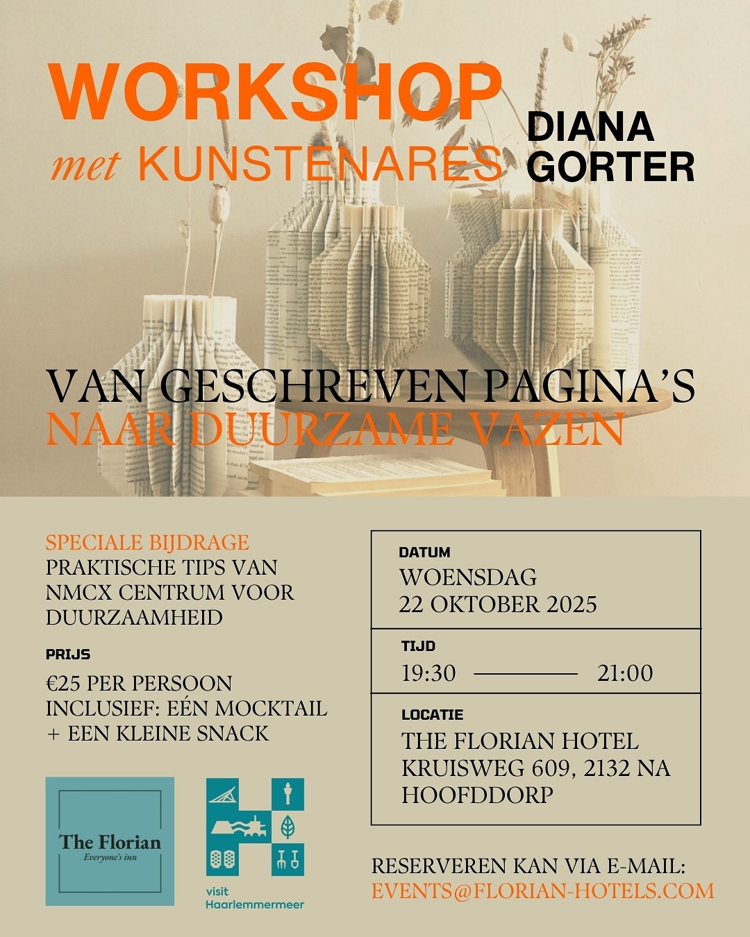 ✨ Workshop Alert ✨
?➡️? Van oude boekpagina’s naar een duurzame vaas!
Op woensdag 22 oktober nodigen wij je uit voor een creatieve avond met kunstenares Diana Gorter in The Florian Hotel. Inclusief mocktail, snack én jouw zelfgemaakte vaas die je mee naar huis neemt. Plus een inspirerende bijdrage van NMCX.
?? De workshop is in het Nederlands, maar Engelstalige gasten zijn meer dan welkom!
? Schrijf je nu in via de link in bio.
?➡️? From old book pages to a sustainable vase!
On Wednesday, October 22, join us for a creative evening with artist Diana Gorter at The Florian Hotel. Includes a mocktail, snack, and your handmade vase to take home. Plus an inspiring contribution from NMCX.
?? The workshop will be held in Dutch, but English speakers are warmly welcome!
? Sign up now via the link in bio.