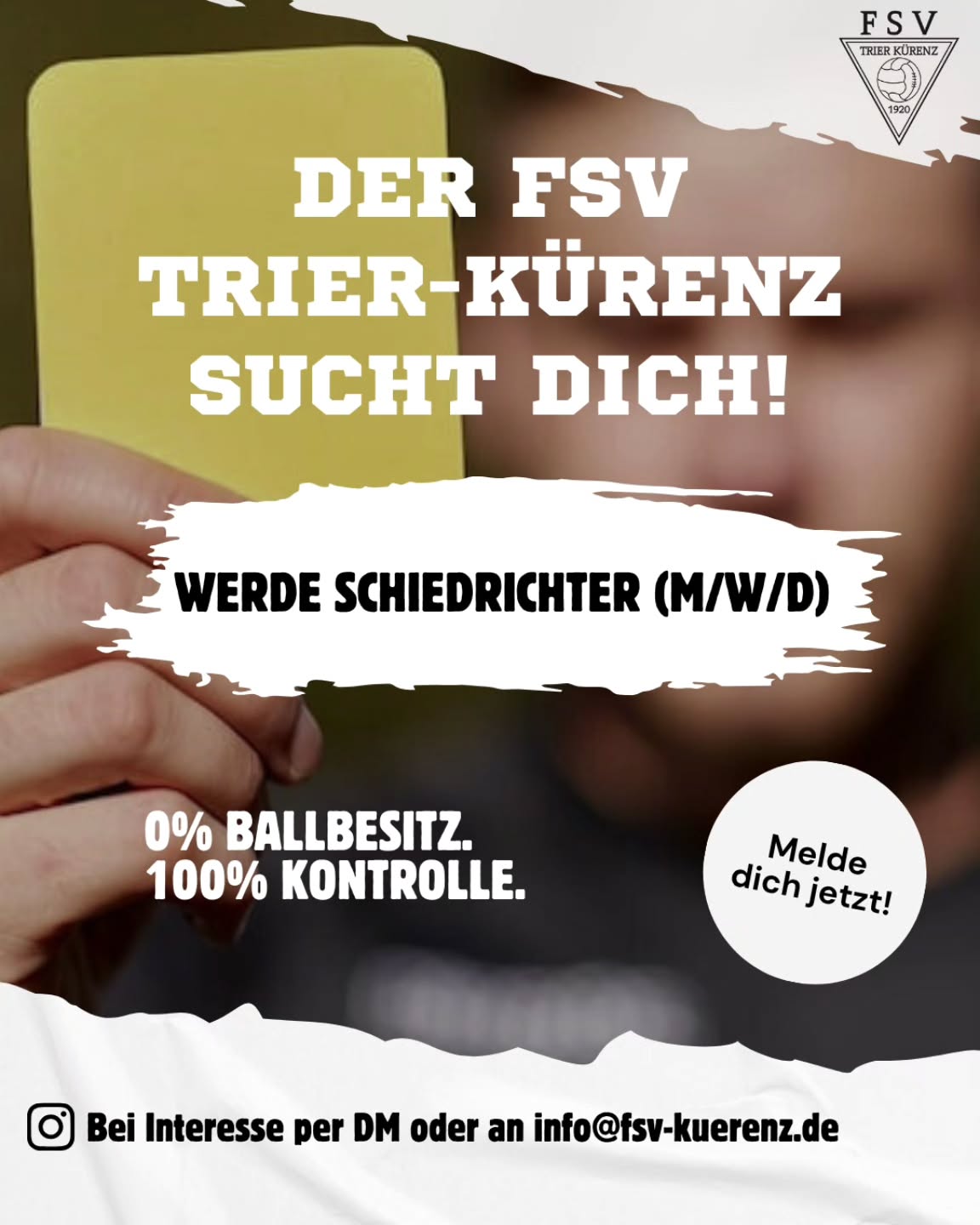 ⚽️ Du willst das Spiel in der Hand haben?
Dann bist DU genau die Person, die wir suchen! ?
Wir suchen motivierte Schiedsrichter:innen (m/w/d), die mind. 14 Jahre alt sind und Lust haben, auf und neben dem Platz Verantwortung zu übernehmen. ?
Egal ob erfahrener Profi oder kompletter Neuling – wir unterstützen dich auf deinem Weg!
UNSER Angebot an DICH
✔️ Übernahme der Lehrgangskosten
✔️ Kostenlose Erstausstattung
✔️ Freier Eintritt zu allen nationalen Spielen im DFB Bereich
✔️ Aufwandsentschädigung
? Melde dich jetzt per DM oder schreib uns an info@fsv-kuerenz.de
_________
#fsv #trier #schiedsrichter #referee #wewantyou #meldedich #verantwortung #dfb #profi #neuling