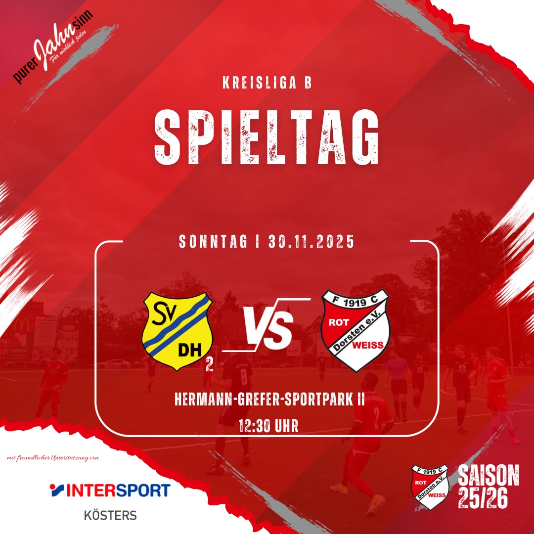 ?⚪ Letzter Spieltag vor der Winterpause! ❄️⚽
Erste Mannschaft
Unsere Jungs sind am Sonntag (30.11.2025) zu Gast beim SV Dorsten-Hardt II.
? Hermann-Grefer-Sportpark – Kunstrasen
? Anstoß: 12:30 Uhr
Bereits am 1. Spieltag standen sich beide Teams gegenüber – damals endete die Partie 1:1.
Das Team von Trainer Akif Aygün will zum Jahresabschluss nochmal alles raushauen und wichtige Punkte sammeln! ??
Kommt vorbei und unterstützt unsere Mannschaft im letzten Pflichtspiel 2025! ❤️?
⸻
⚽ #thezwote
Unsere zweite Mannschaft hat spielfrei – der Platz des SV Hullern ist nicht bespielbar.
Das Spiel wird im Frühjahr 2026 nachgeholt.
#rwdorsten #rwd #rotweiss #purerjahnsinn #fussball #kreisliga #derby #vorfreude #dorsten