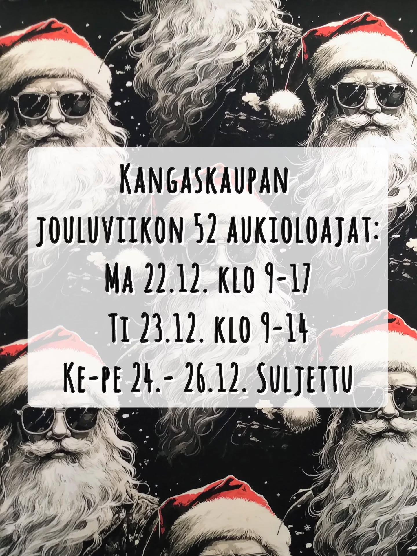 Mei kangaskauppa on jouluviikon 52 auki seuraavasti:
Maanantai 22.12. klo 9-17
Tiistai 23.12. klo 9-14
Keskiviikko- perjantai 24.- 26.12. Suljettu.
Myö palvellaan sitten joulu jälkeen maanantaina 29.12. normaalisti klo 9-17.
Nähhään! ?
#kangaskauppalappeenranta
#aukiloajat
#jouluviikko
#joulu2025