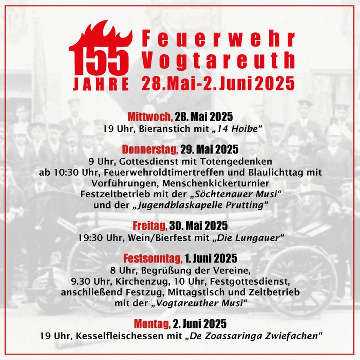 ? 155 Jahre Feuerwehr Vogtareuth ?
Feiert mit uns unser großes Jubiläum vom 28. Mai bis 2. Juni 2025! ?
Wir starten am Mittwoch mit dem traditionellen Bieranstich ?, bei dem @14hoibe für beste Stimmung im Festzelt sorgt.
Der Donnerstag steht ganz im Zeichen des Blaulichts! Kommt vorbei zum Blaulichttag und erlebt hautnah die beeindruckenden Fahrzeuge und spannenden Vorführungen verschiedener Hilfsorganisationen. Musikalisch begleitet wird der Tag von der @soechtenauer.blasmusik und der „Jugendblaskapelle Prutting“ ?.
Am Freitag laden wir euch herzlich zum geselligen Wein- und Bierfest im Festzelt ein. @die_lungauer heizen den Abend musikalisch richtig ein ??.
Der Festsonntag beginnt mit dem feierlichen Kirchzug und dem Festgottesdienst ⛪. Ab 10 Uhr wird gefeiert, geschlemmt und genossen – die „Vogtareuther Musi“ sorgt dabei für die passende musikalische Begleitung ?.
Zum krönenden Abschluss gibt es am Montag das traditionelle Kesselfleischessen ?. Kommt vorbei und genießt einen gemütlichen Abend mit den @zoassaringa__zwiefachen!
? Markiert euch die Termine im Kalender und seid dabei, wenn wir 155 Jahre Feuerwehr Vogtareuth gebührend feiern! ??
Wir freuen uns auf euch!
Und gleich im Anschluss feiert die @kljb_vogtareuth ihr 75+1-jähriges Bestehen.
#feuerwehr #team112 #feuerwehrvogtareuth #landkreisrosenheim #ehrenamt #feuerwehrfest #feuerwehrfest2025 #vogtareuth #weinfest #festsonntag #kesselfleisch #blaulicht
