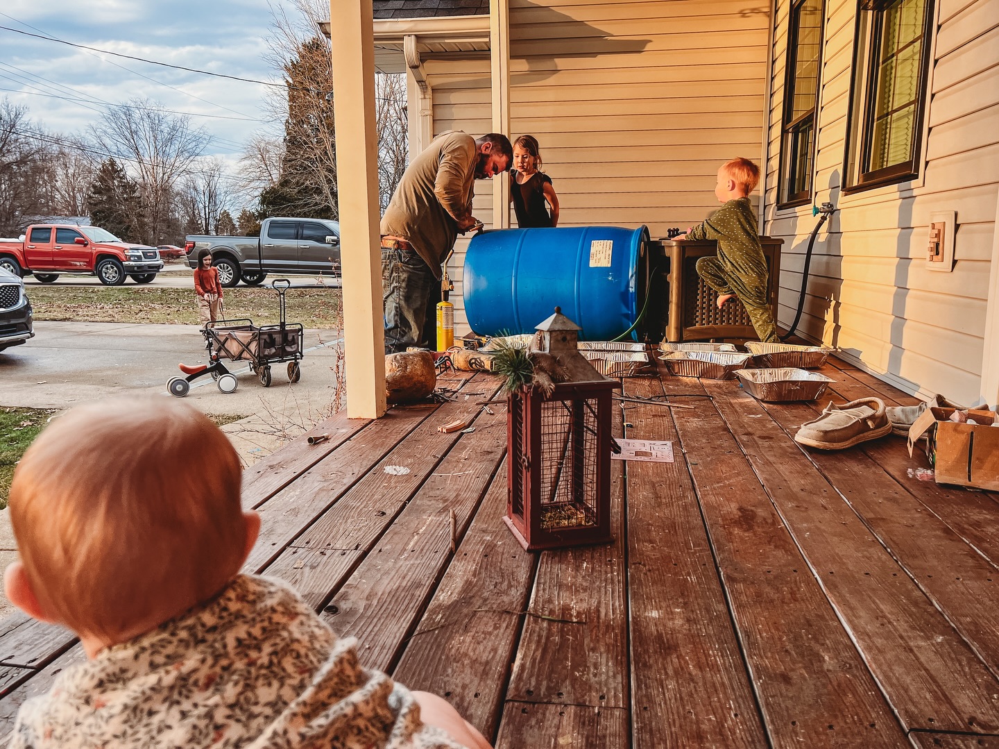 Bluey playing through the open house windows, diy rain barrels before the spring storms hit?? Here’s to one more small step towards self reliance??