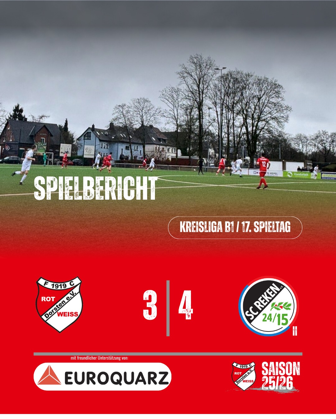 ?⚪ Bittere Niederlage zum Jahresauftakt ⚽
Unsere Erste Mannschaft unterliegt dem SC Reken II in einer packenden Partie mit 3:4 (1:3).
Die Gäste erwischten den besseren Start und gingen früh durch Klinkhammer (7’) in Führung.
Unsere Antwort ließ nicht lange auf sich warten:
⚽ Elias Wiegand (14’) zum 1:1!
Doch Reken schlug vor der Pause zurück – Rohling (39’) und Homann (45’+1) sorgten für den 1:3-Halbzeitstand.
Nach dem Seitenwechsel zeigte unsere Mannschaft Moral:
⚽ Falk König (49’)
⚽ Elias Wiegand (62’)
Ausgleich – 3:3! ??
Alles sah nach einem Punktgewinn aus, doch in der Nachspielzeit (90’+3) setzte Rohling den Lucky Punch für die Gäste.
Eine spannende Partie mit bitterem Ende für das Team von Trainer Akif Aygün.
⸻
? Neue Chance kommende Woche:
Auswärtsspiel beim 1. SC BW Wulfen II – dort greifen unsere Jungs wieder an! ?