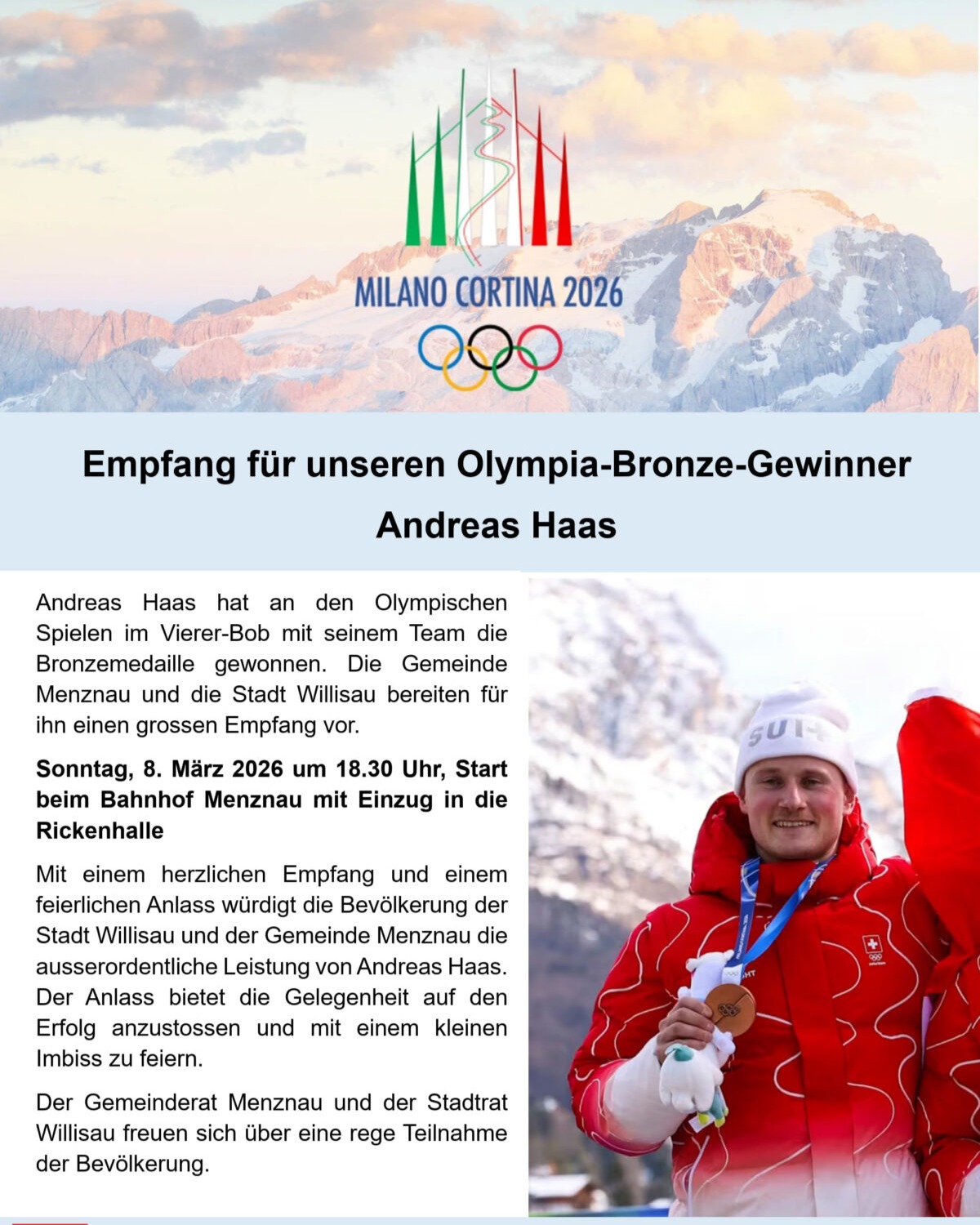 Empfang für unseren Olympia-Bronze-Gewinner Andreas Haas
Diesen Sonntag Abend in Menznau.
Sei dabei und feiere gemeinsam mit unserem Vereinsmitglied Andreas Haas den unglaublichen Bronze-Erfolg an den Olympischen Winterspielen.
Treffpunkt: 18.15 Uhr / Bahnhof Menznau
Dresscode: STV Willisau Trainer
Wir sehen uns am Sonntag Abend in Menznau!
#olympia
#milanocortina2026❄️
#swissolympicteam
#andreashaas
#olympicswissteam