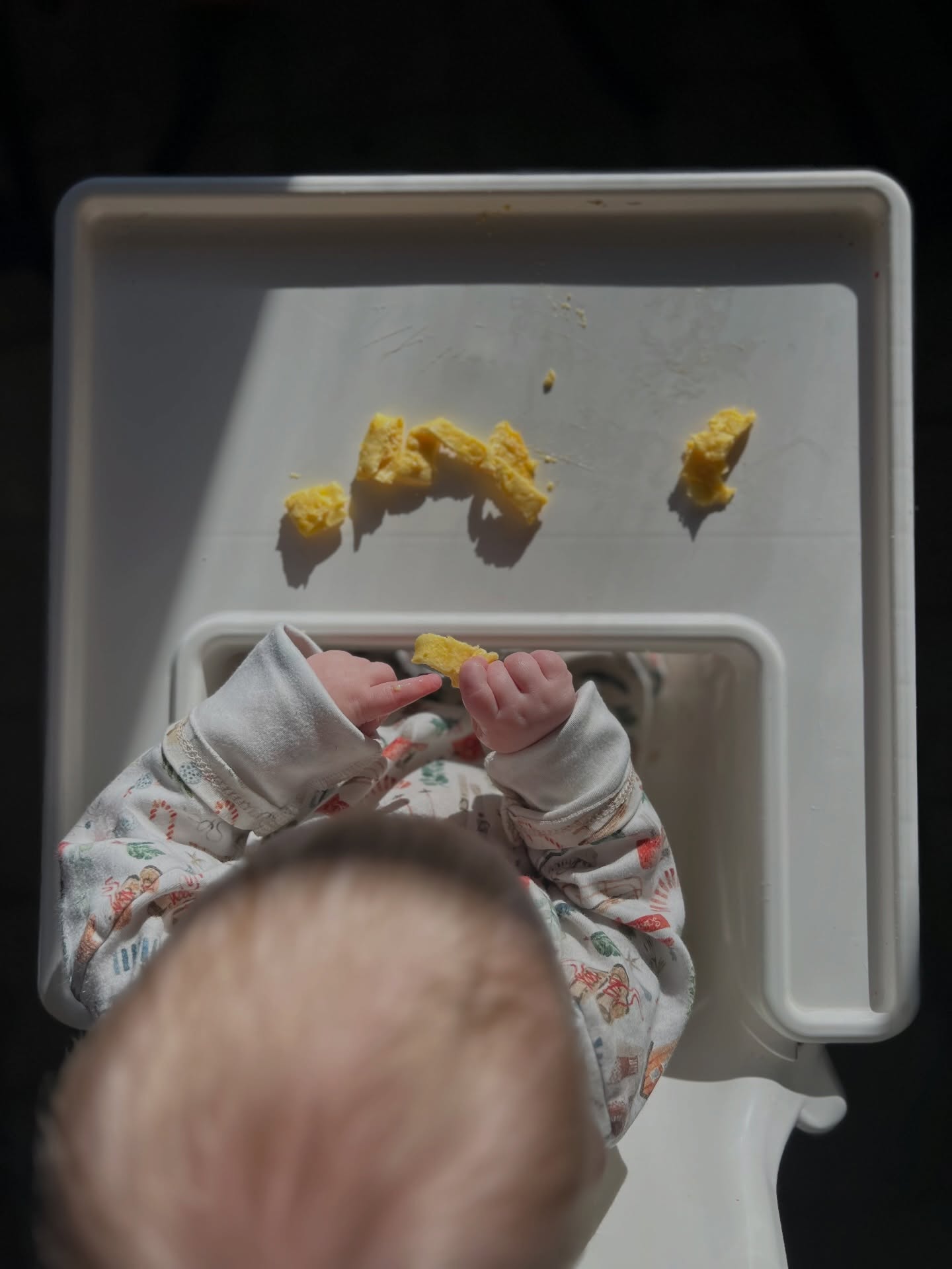 HE’S EATING!!!!!
Eggs (from our chickens, obviously)
Roasted chickpeas w gochujang and feta
What a big milestone, a day before 9 months old???