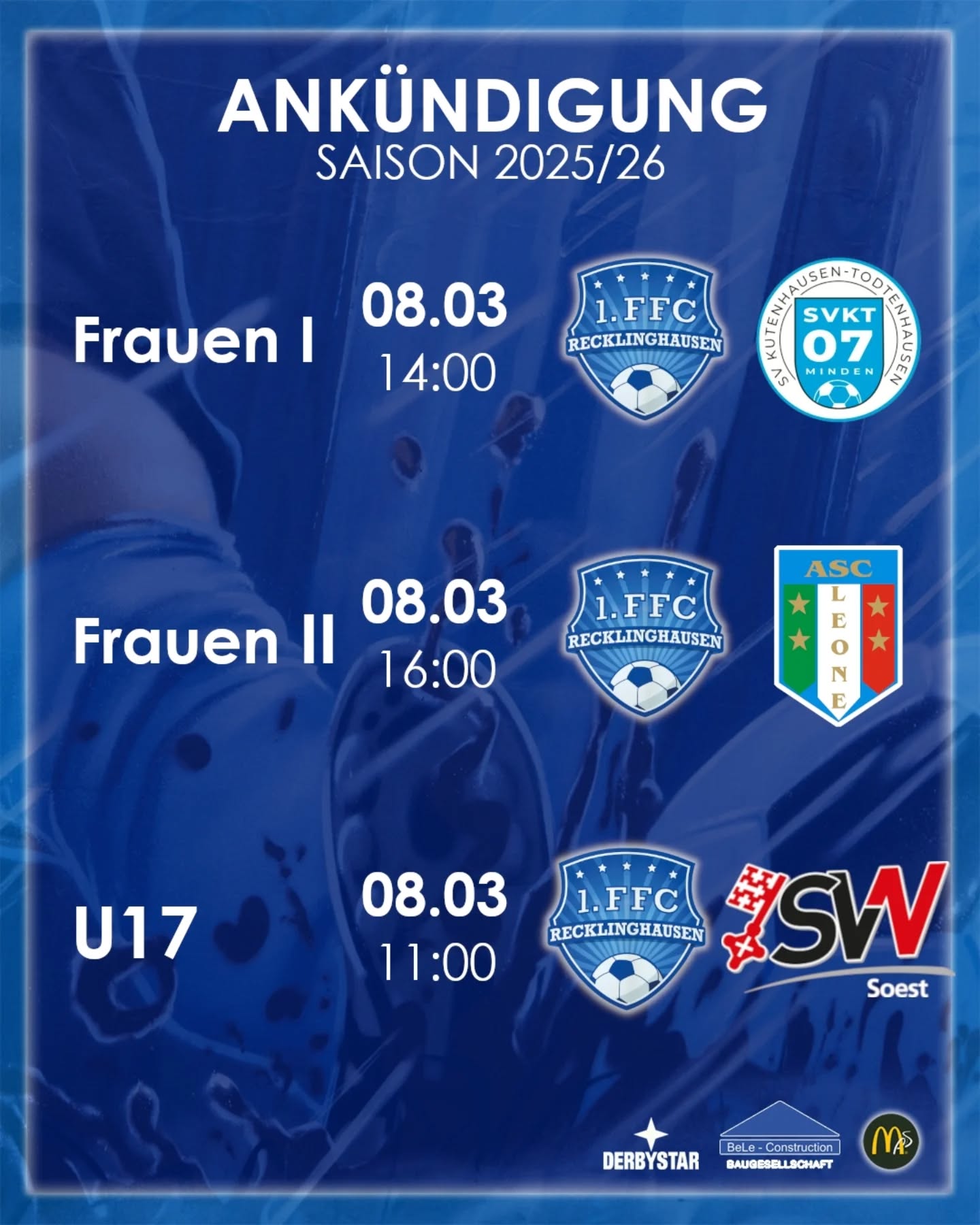 Alle Teams stehen am Wochenende wieder auf dem Platz und kämpfen um Punkte. Alle? Naja, fast alle! 😊
Unsere Frauen I befindet sich noch in der Vorbereitung und hat ein Freundschaftsspiel.
@bele_construction_gmbh
@derbystar
@mcdonaldsde