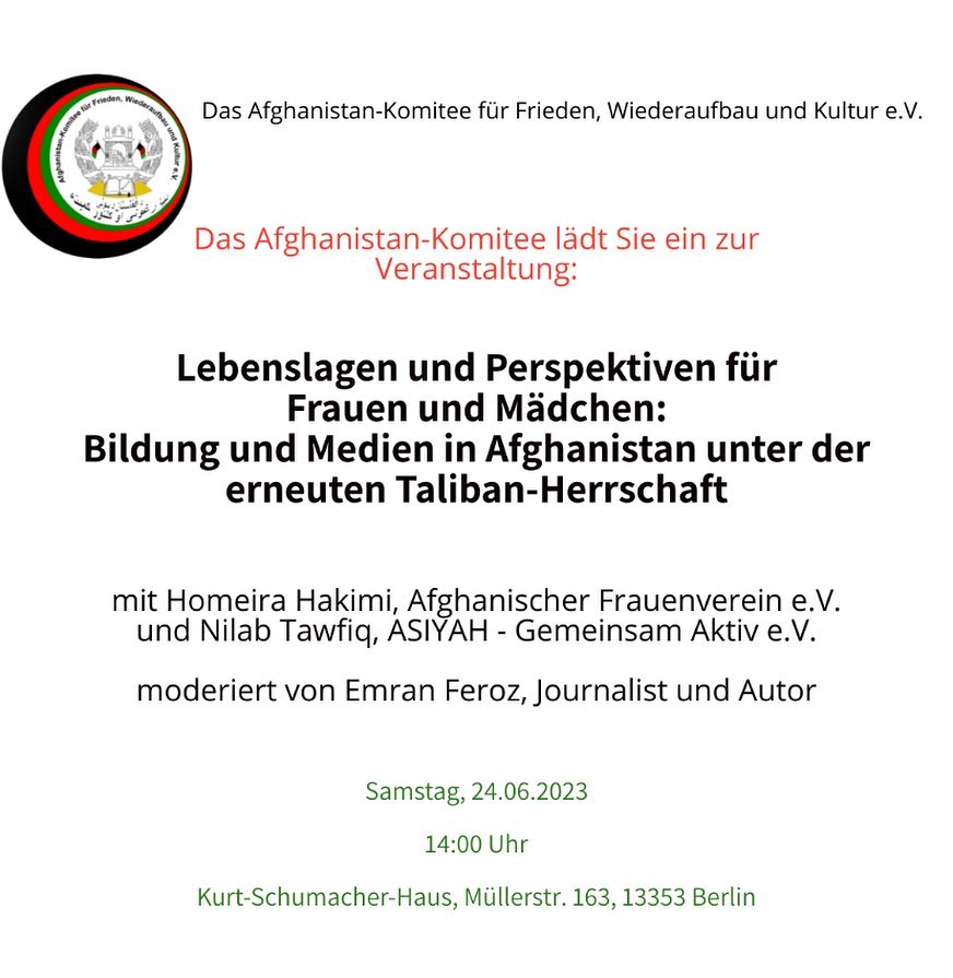 Wir laden euch ganz herzlich zu unsere nächsten spannenden und vorerst letzten Veranstaltung dieses Jahr ein!
Anmeldungen wie immer per Mail bitte an Afghanistan-komitee-berlin@outlook.de.
Nähere Informationen und die gesamte Einladung findet ihr auf unserer Website www.afghanistankomitee.de.
Wir freuen uns über euer Kommen!