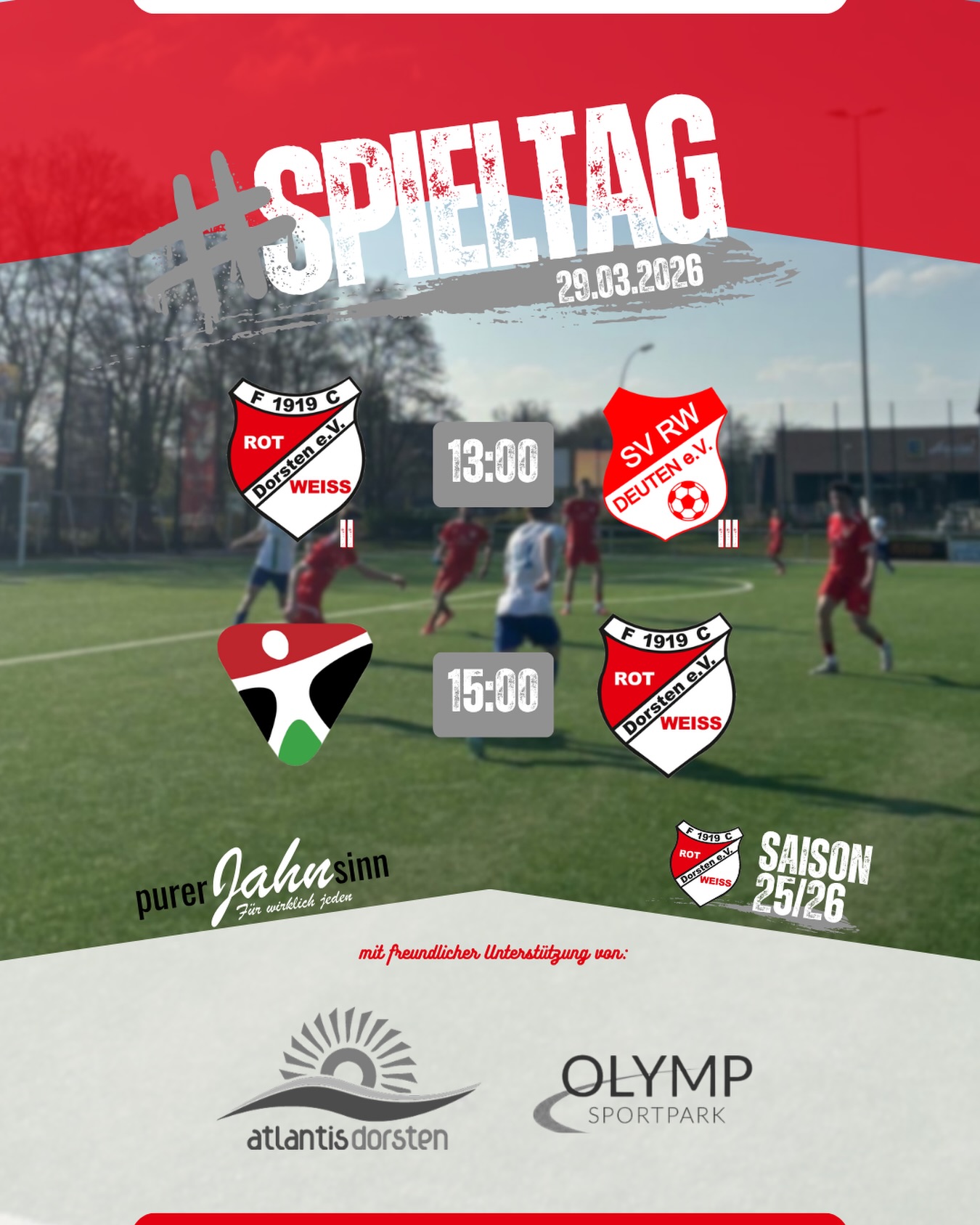 ?⚪ Sonntag ist Spieltag! ⚽?
Beide Seniorenmannschaften sind wieder im Einsatz – einmal zuhause, einmal auswärts! ?
⸻
⚽ #thezwote – Heimspiel
? 13:00 Uhr
? SV RW Deuten III
? Atlantis Sportpark am Jahnsportplatz
Nach dem spielfreien Wochenende will die Mannschaft von Trainer Christian Gebhardt wieder angreifen und zuhause die nächsten Punkte holen. ?
⸻
❤️ Erste Mannschaft – Auswärtsspiel
? 15:00 Uhr
? SSV Rhade
? Sportpark Risthaus – Dorsten-Rhade
Nach zwei Siegen in Folge reist das Team von Trainer Akif Aygün mit viel Selbstvertrauen nach Rhade und möchte die Serie unbedingt fortsetzen! ?
⸻
? Kommt vorbei ?⚪