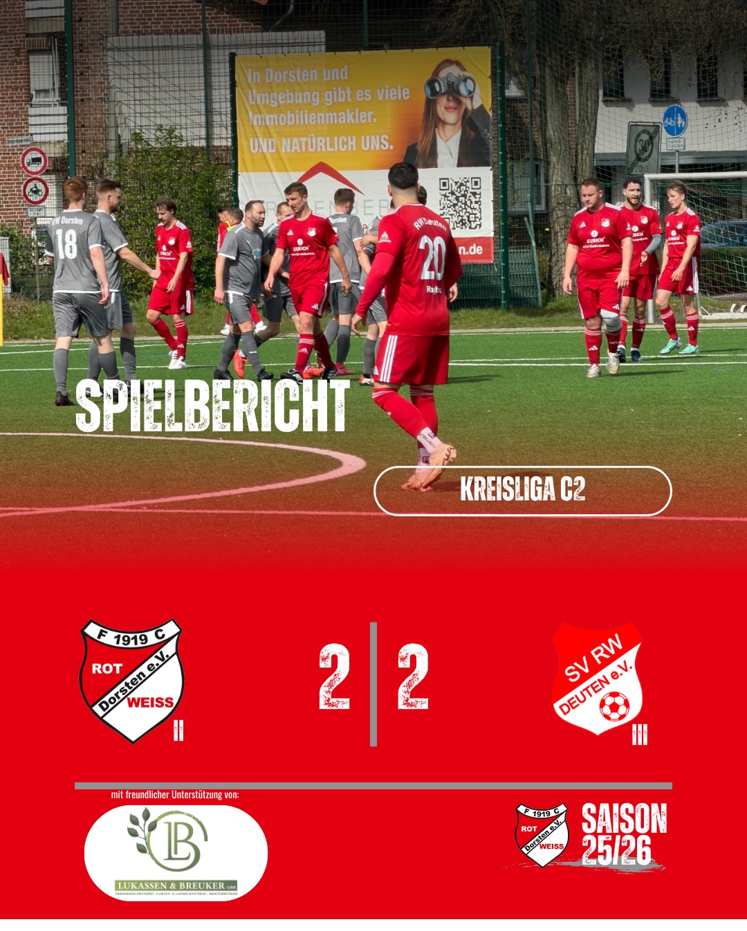 ?⚪ #thezwote kämpft sich zurück! ⚽?
Unsere zweite Mannschaft trennt sich in einem intensiven Spiel mit 2:2 (1:2) gegen SV RW Deuten III. ?
Die Anfangsphase wurde komplett verschlafen und wir lagen bereits früh mit 0:2 zurück. Danach zeigte das Team von Trainer Christian Gebhardt jedoch die richtige Reaktion, schüttelte sich kurz und spielte deutlich mutiger nach vorne.
Noch vor der Pause gelang der wichtige Anschlusstreffer – und nach dem Seitenwechsel war es erneut Niko Doliwa, der uns den verdienten Ausgleich sicherte! ?
Tore:
⚽ 0:1 | 2‘ Deuten
⚽ 0:2 | 10‘ Deuten
⚽ 1:2 | 32‘ Niko Doliwa
⚽ 2:2 | 60‘ Niko Doliwa – Doppelpack! ?
Danach hatte #thezwote sogar noch Chancen auf den Sieg. Nach der verschlafenen Anfangsphase ist der Punkt am Ende aber trotzdem verdient. ?⚪