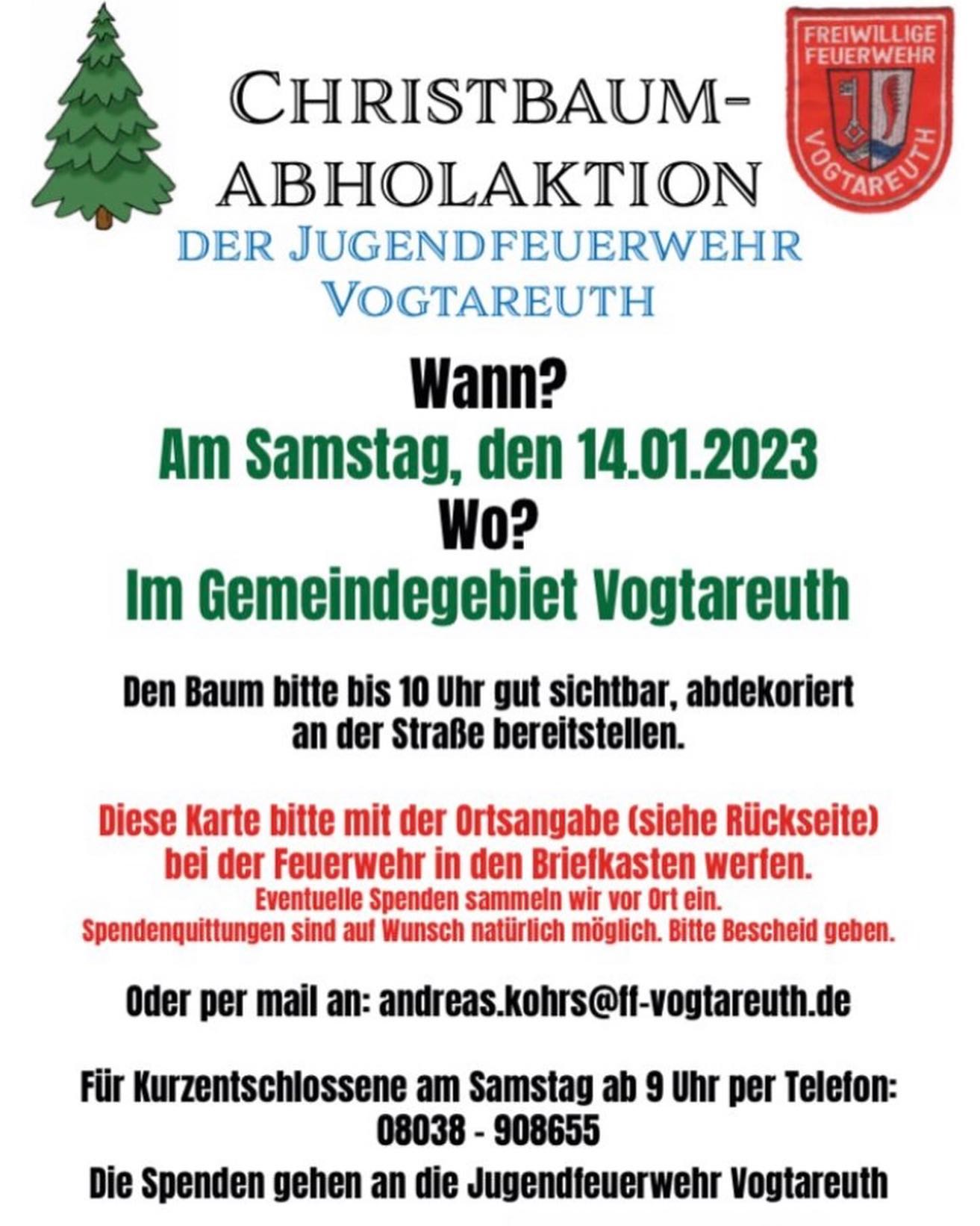 ??????Nicht vergessen!!??????
?-Abholaktion in Vogtareuth am 14.01.23
#jugendfeuerwehr #christbaum #christbaumabholaktion #vogtareuth #gaudi
