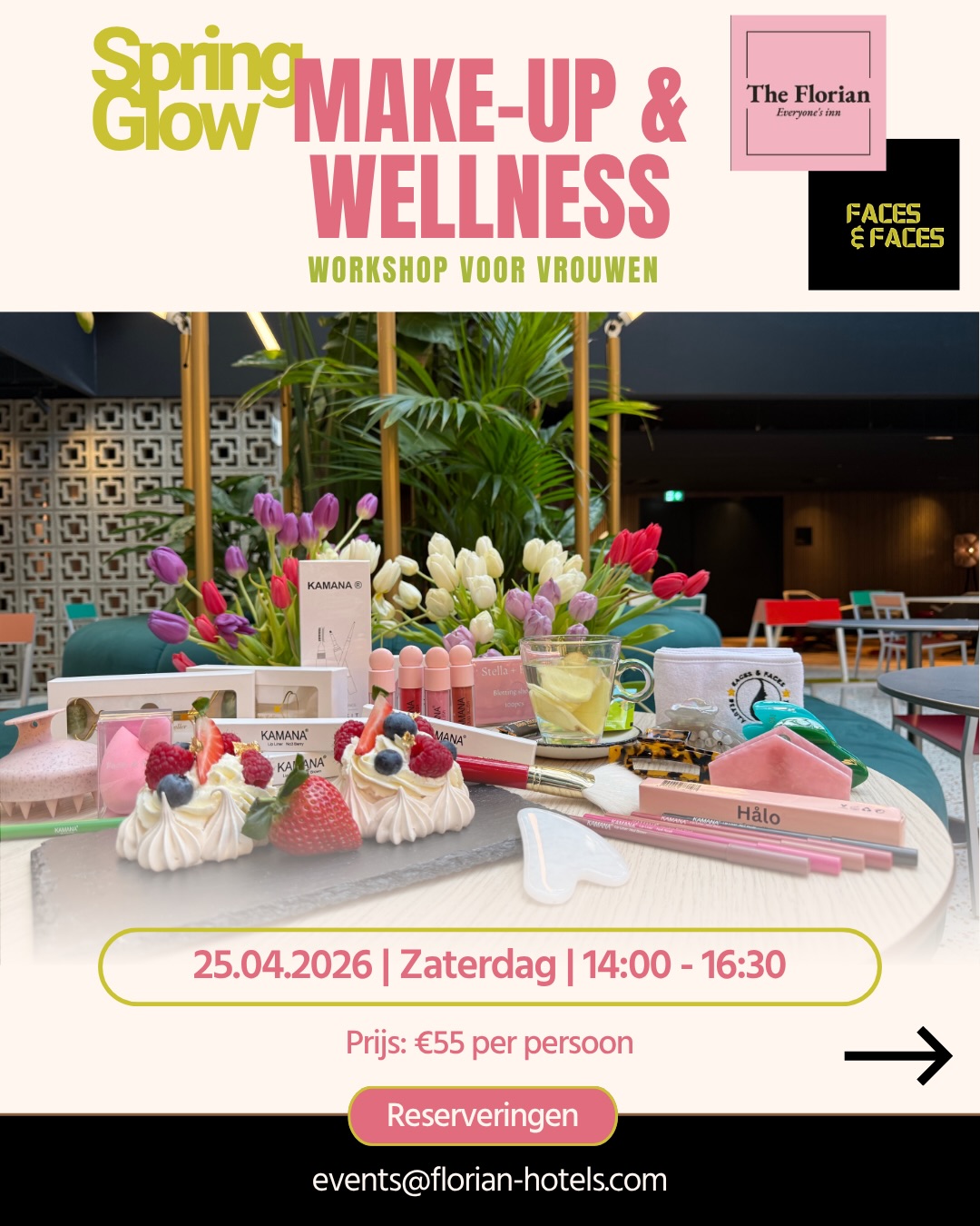 ✨ Reminder: Spring Glow – Make-up & Wellness Workshop bij The Florian Hotel ✨
Vergeet het niet! ?
Iedere vrouw is welkom bij dit bijzondere event waar make-up, women’s wellness en huidverzorging samenkomen. Een professionele make-up artist verzorgt de workshop samen met Gabrielle Assala, Founder van Faces & Faces ??
Je ervaart een hands-on sessie met pastel blushes, opvallende eyeliners en de perfecte lente-finish. Alles in een warme, gezellige en veilige vrouw-tot-vrouw sfeer, inclusief goodiebag, Pavlova-meringue ? en koffie/thee ☕.
? Locatie: Kruisweg 609, 2132 NA Hoofddorp
? Tijd: vanaf 14:00
? Prijs: €55
?️ Taal: Nederlands
? Reserveer: events@florian-hotels.com
#SpringGlow #MakeupWorkshop #Wellness #EventsHoofddorp #WorkshopHoofddorp