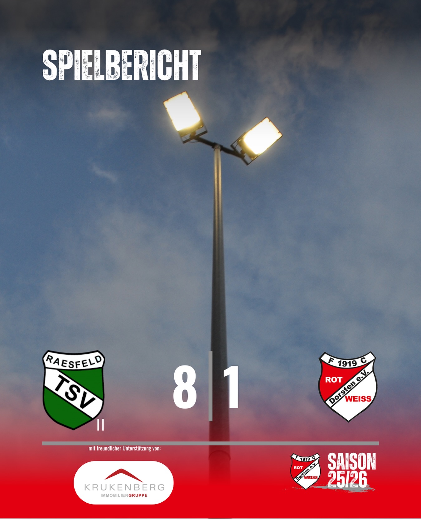 ?⚪ Saisonabschluss in Raesfeld ⚽
Unsere Erste Mannschaft verliert ihr letztes Meisterschaftsspiel der Saison beim bereits feststehenden Meister TSV Raesfeld II mit 1:8 (1:3).
Für das stark ersatzgeschwächte Team von Trainer Akif Aygün war beim Aufsteiger in die Kreisliga A an diesem Abend nur wenig zu holen.
⚽ 1:2 | 32‘ Florian Kersting
Mehr als der zwischenzeitliche Anschlusstreffer war für unsere Rot-Weißen leider nicht drin.
Dennoch sollte dieses Ergebnis nicht den Blick auf das große Ganze verstellen:
? Unsere Mannschaft hat eine starke Rückrunde gespielt und sich in der Tabelle deutlich nach oben gearbeitet.
Mit großem Einsatz, Teamgeist und einer beeindruckenden Serie in der zweiten Saisonhälfte hat das Team gezeigt, welches Potenzial in ihm steckt. ??⚪
Jetzt heißt es: Saison abhaken, Kräfte sammeln und mit neuer Energie in die kommende Spielzeit starten!