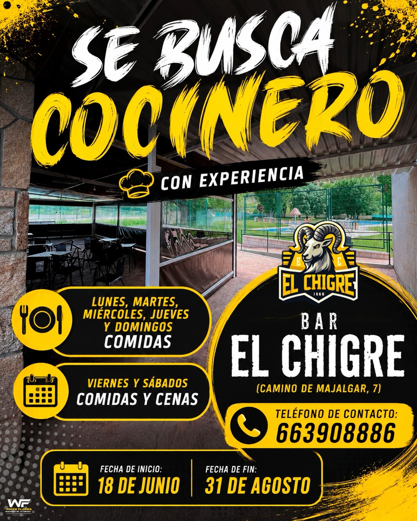 ¡SE BUSCA COCINERO CON EXPERIENCIA! ???
¿Tienes experiencia entre fogones y buscas trabajo para este verano? ¡En Bar El Chigre queremos ampliar nuestro equipo de cocina! ☀️?
✨ CONDICIONES DEL PUESTO ✨
?️ Fechas: Del 18 de junio al 31 de agosto.
⏰ Horarios:
? Lunes a jueves y domingos ➡️ Turno de comidas.
? Viernes y sábados ➡️ Turno de comidas y cenas.
? Dónde: Bar El Chigre (Camino de Majalgar, 7).
Buscamos a alguien con ganas de trabajar, buen ritmo y que quiera formar parte de un gran ambiente durante los meses de verano. ?
? Si cumples con el perfil y te interesa, ¡queremos conocerte!
? Contáctanos en el 663908886 (Llamada o WhatsApp).
¡Te estamos esperando para darle caña a los fogones! ??
@aytoguadalixdelasierra
@whiteflakesco
#OfertaDeEmpleo #TrabajoHosteleria #sebuscacocinero #BarElChigre #EmpleoVerano
