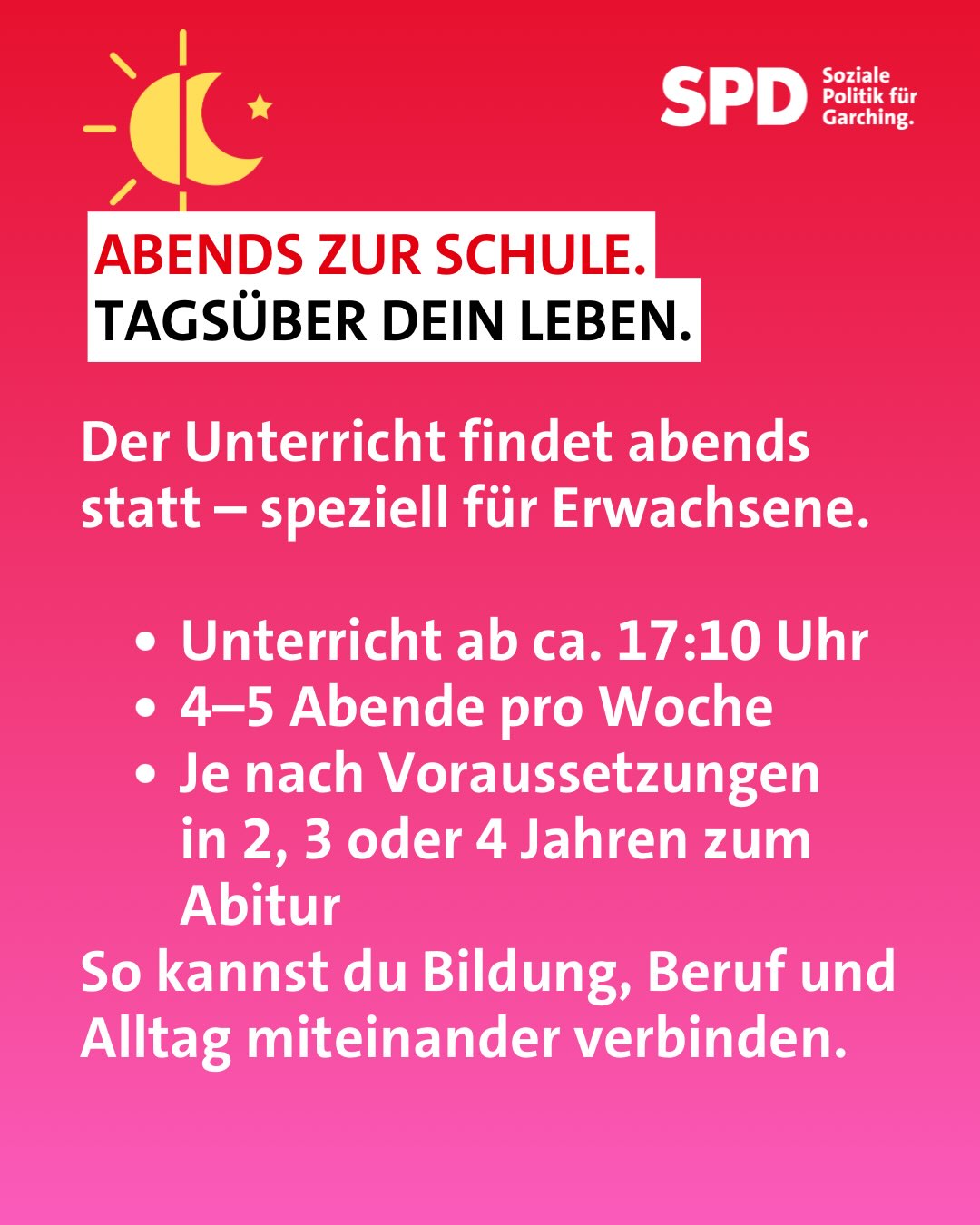 🎓 Du träumst vom Abitur?
🫵🏼 Du arbeitest oder
🫵🏼 Du erziehst Kinder oder
🫵🏼 Du pflegst eine:n Angehörige:n
✍️du willst abends lernen 📚 und dein Abitur machen?
👉 Dann bewirb dich bis morgen am städtischen #abend #gymnasium @muenchen
🎁 kostenlos
⌛️Du hast 2, 3 oder 4Jahre Zeit
🧸 mit kostenloser Kinderbetreuung, damit du in den Unterricht gehen kannst
https://agfb.m-bildung.de/aktuelles