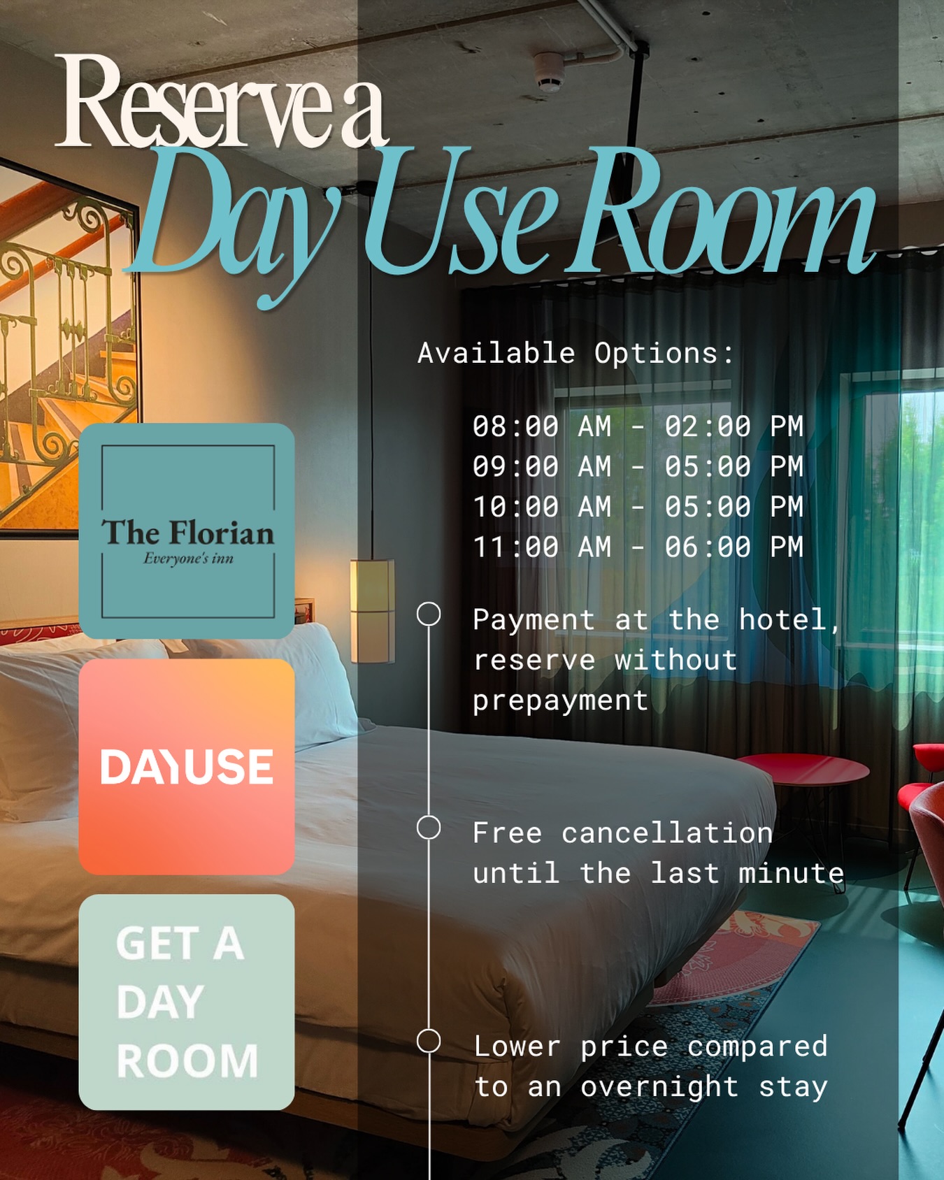 Did you know you can book a Day Use Room at The Florian? This means you can enjoy the comfort, privacy, and facilities of your own room for a few hours during the day — without staying overnight.
Whether you’re looking for a relaxing daycation, a quiet place to recharge between flights, a comfortable workspace away from home, or simply a moment to yourself, our Day Use Rooms offer the perfect solution.
You can reserve your room through @dayuse, @getadayroom, or directly at our reception — where you will always find the best available rate.
Have questions or want to know more? Our reception team is happy to help and share all the details with you.
See you at The Florian, even if it’s just for the day ?
#TheFlorianHotel #DayUseHotel #Daycation #SchipholAirport #HotelExperience