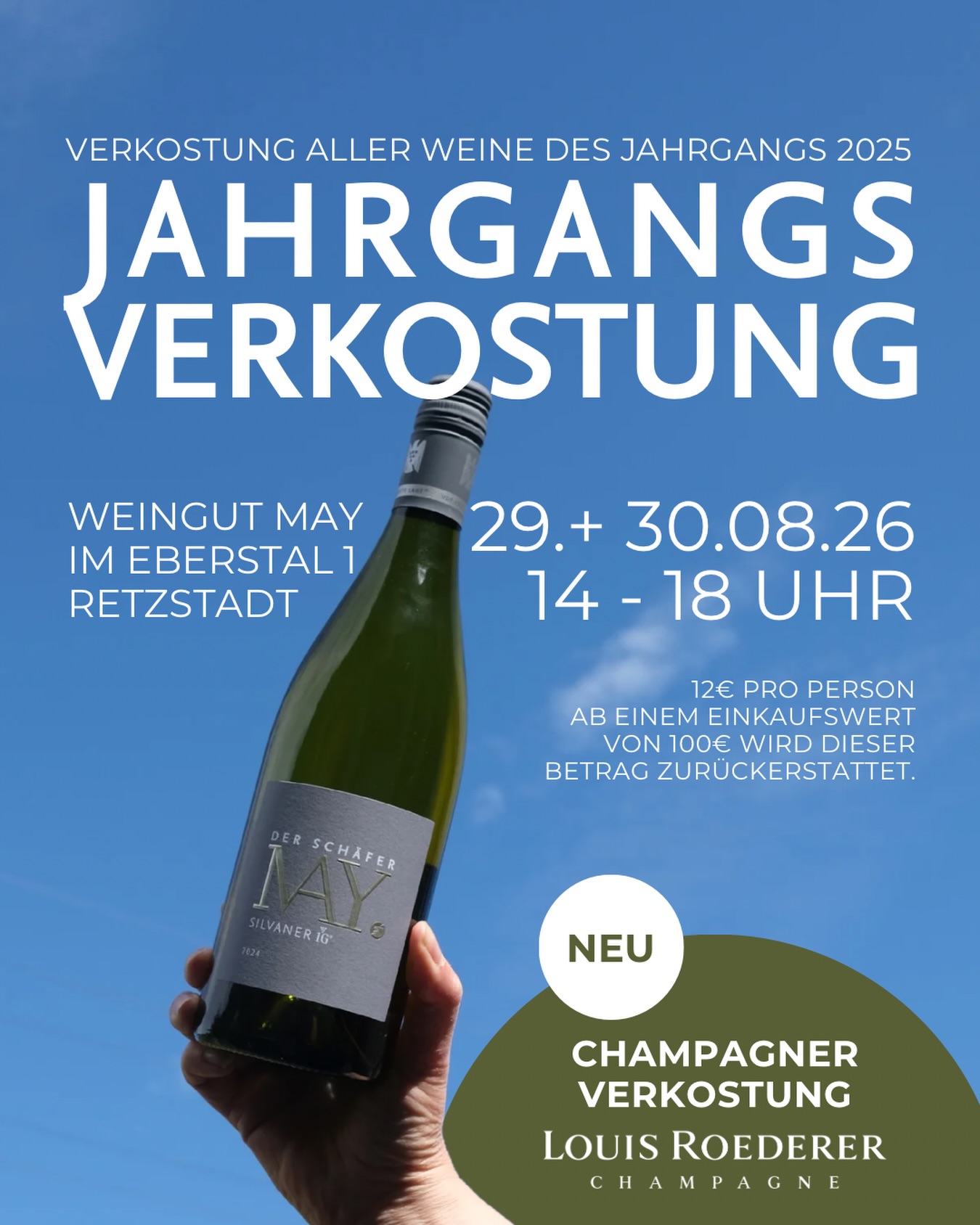 Der neue Jahrgang ist da!
Das ist der perfekte Anlass, um euch wieder herzlich zu unserer Jahrgangsverkostung des Jahrgangs 2025 einzuladen.
Als besonderes Highlight erwartet euch dieses Jahr ein Champagner-Special mit Champagnerverkostung von Louis Roederer! ??
Passend ist auch wieder die Straße zwischen Retzbach und Retzstadt offen, die Anfahrt ist also wieder ohne Probleme möglich.
Wir freuen uns auf euch! ??
#silvaner #champagner #louisroederer