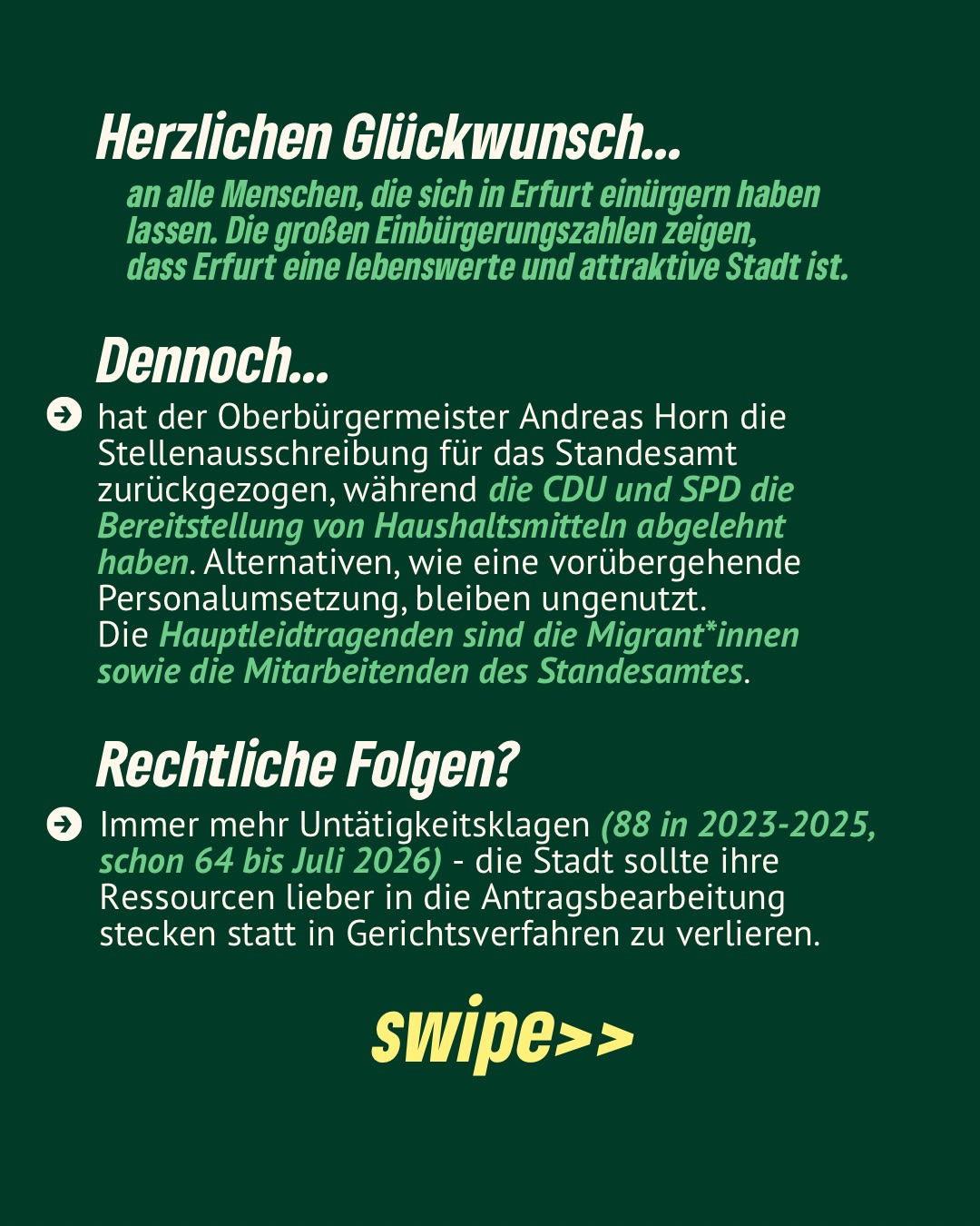 Wer übernimmt Verantwortung für diesen politischen Skandal?🤔
Der Oberbürgermeister Andreas Horn hat die Stellenausschreibung für das Standesamt zurückgezogen, während die CDU und SPD die Bereitstellung von Haushaltsmitteln ❌ abgelehnt haben. Alternativen, wie eine vorübergehende Personalumsetzung, bleiben ungenutzt.
Die Hauptleidtragenden sind die Migrant*innen sowie die Mitarbeitenden des Standesamtes.
Der Oberbürgermeister muss in seiner Verwaltung personelle Konsequenzen ziehen, wenn in den Dezernaten niemand bereit ist eine Lösung für die
unerträgliche Situation zu finden‼️
#erfurt #grüneerfurt #grüneimstadtrat #einbürgerung #einbürgerrungsstau