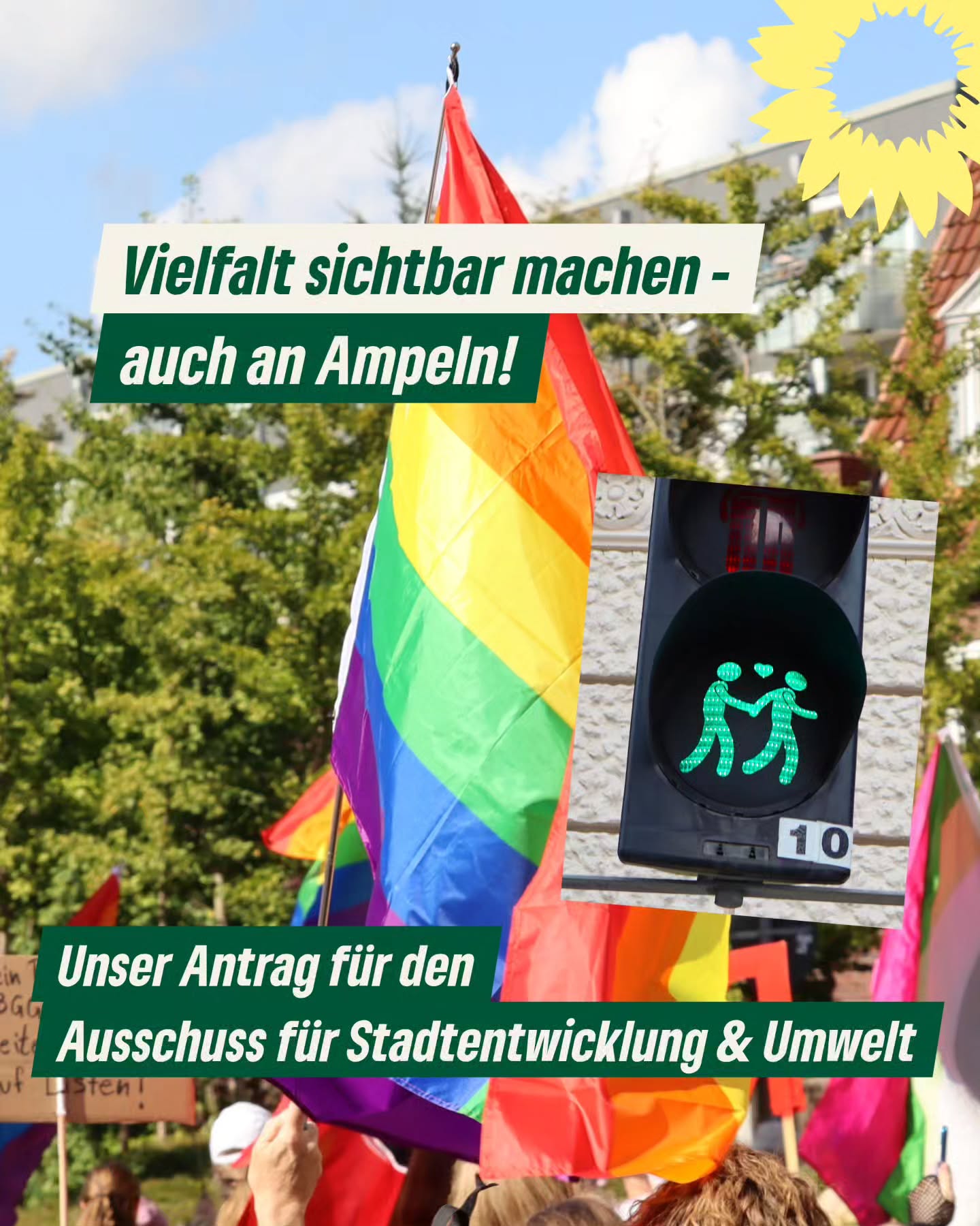 💚 VIELFALT AUCH AN AMPELN SICHTBAR MACHEN 🚦
Elmshorn soll ein klares Zeichen setzen: Wir fordern Ampelfiguren in verschiedenen Geschlechterkombinationen. Dazu stellen wir im Ausschuss für Stadtentwicklung und Umwelt am 10.09. einen entsprechenden Antrag zur Abstimmung.
Denn Sichtbarkeit ist mehr als Symbolik. Sie schafft Zugehörigkeit und zeigt: Alle Menschen sollen hier sicher und gleichberechtigt leben können.
Damit Elmshorn das trotz der angespannten finanziellen Lage bezahlen kann, fordern wir einen Austausch im Rahmen der eh stattfinden, routinemäßigen Erneuerungen der Ampelfigur-Vorlagen.
Elmshorn als weltoffene Stadt. Dafür kämpfen wir! 🌈✊️
#elmshorn #teamelmshorn #queerevielfalt #ampeln