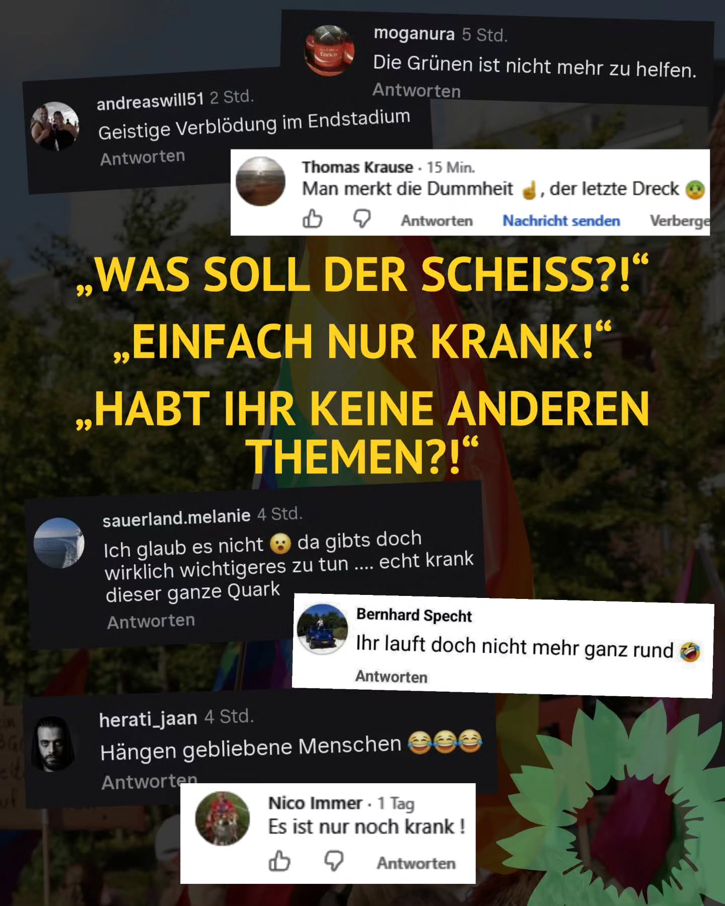 Unser Statement zu den aktuellen Ereignissen.
Gut 48 Stunden sind vergangen, seit die @holsteiner.allgemeine als erste über unseren Antrag für mehr Vielfalt bei den Ampelfiguren berichtete. Es folgte das @abendblatt und unser eigener Social-Media-Beitrag.
Es ist Wahnsinn, was sich in diesen gut 48 Stunden unter diesen Beiträgen abgespielt hat.
Hunderte Kommentare. Zuspruch, aber auch ganz viel Hass, Hetze und Grünen-Bashing.
Und das wegen eines Antrags, der nur für mehr Liebe an Elmshorns Ampeln sorgen soll. Der schlichtweg die Vielfalt unserer Gesellschaft aufgreift. Hetero- und homosexuelle Paare an Elmshorns Fußgängerampeln. Und das ohne große Mehrkosten.
Die Welle an Negativität in den Kommentarspalten können und wollen wir so nicht stehenlassen.
#elmshorn #gruene #teamelmshorn #vielfalt #ampeln