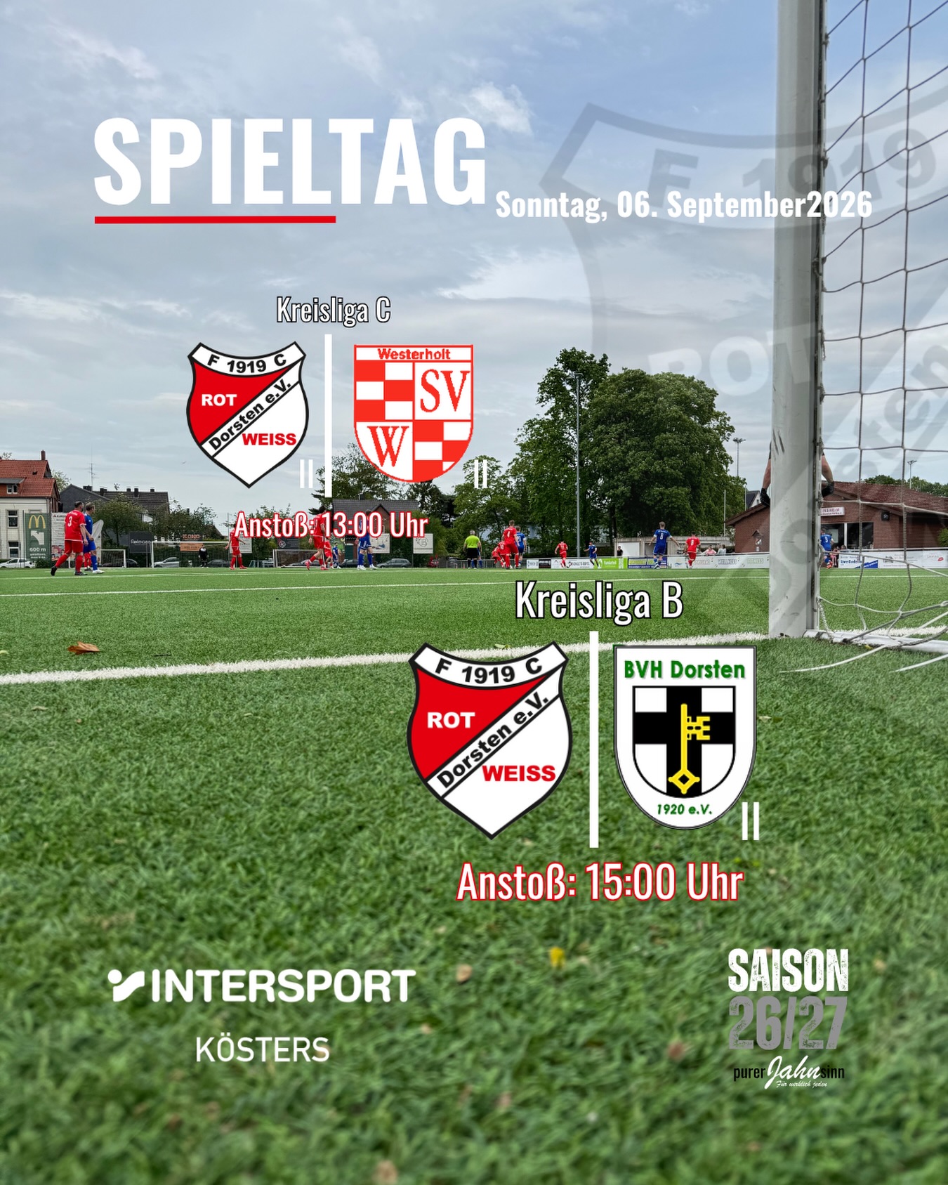 ?⚪ HEIMSPIELTAG IM ATLANTIS SPORTPARK AM JAHNSPORTPLATZ ⚽️?
Am Sonntag, 06.09.2026, wird der Jahnsportplatz wieder zur rot-weißen Festung! ❤️?
Den Auftakt macht um 13:00 Uhr unsere #thezwote. Mit zwei Siegen aus zwei Spielen im Rücken geht unsere Zweite voller Selbstvertrauen in das Duell mit dem SV Westerholt II. ?
Doch Vorsicht: Auch die Gäste sind stark in die Saison gestartet und wollen ihre Erfolgsserie fortsetzen. Es ist alles angerichtet für ein packendes Duell!
?⚪ 1. MANNSCHAFT | 15:00 UHR
Um 15:00 Uhr steigt das nächste Highlight: Unsere Erste empfängt am 3. Spieltag den BVH Dorsten II.
Nach der Auswärtsniederlage beim SC Reken II brennt die Mannschaft von Trainer Oliver Wieck auf Wiedergutmachung. Jetzt sollen die nächsten Punkte her – mit eurer Unterstützung im Rücken! ?
? Sonntag, 06.09.2026
? Atlantis Sportpark am Jahnsportplatz
? 13:00 Uhr | RW Dorsten II ? SV Westerholt II
? 15:00 Uhr | RW Dorsten ? BVH Dorsten II
Zwei Heimspiele. Zwei Chancen auf drei Punkte.❤️?