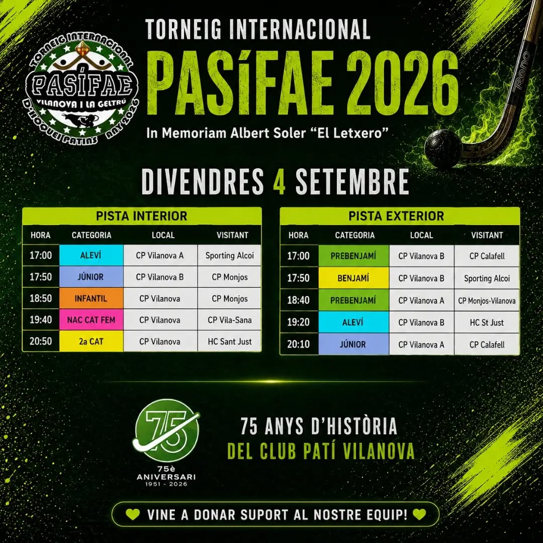 🏑🔥 JA TENIM ELS HORARIS DE LA 8a EDICIÓ DEL TORNEIG INTERNACIONAL PASÍFAE! 🔥
Tres dies d’hoquei, emoció i moltíssims partits a Casernes! 💚🤍
📅 4, 5 i 6 de setembre
🏑 Categories des de prebenjamí fins a júnior, Nacional Fem i OK Lliga Plata Masculina.
Veniu a gaudir de l’hoquei, animar els nostres equips i viure un cap de setmana molt especial.
👉 DESLLIÇA per consultar TOTS ELS HORARIS del torneig! 📲
📍 Pavelló de Les Casernes
💚Us hi esperem! 🤍