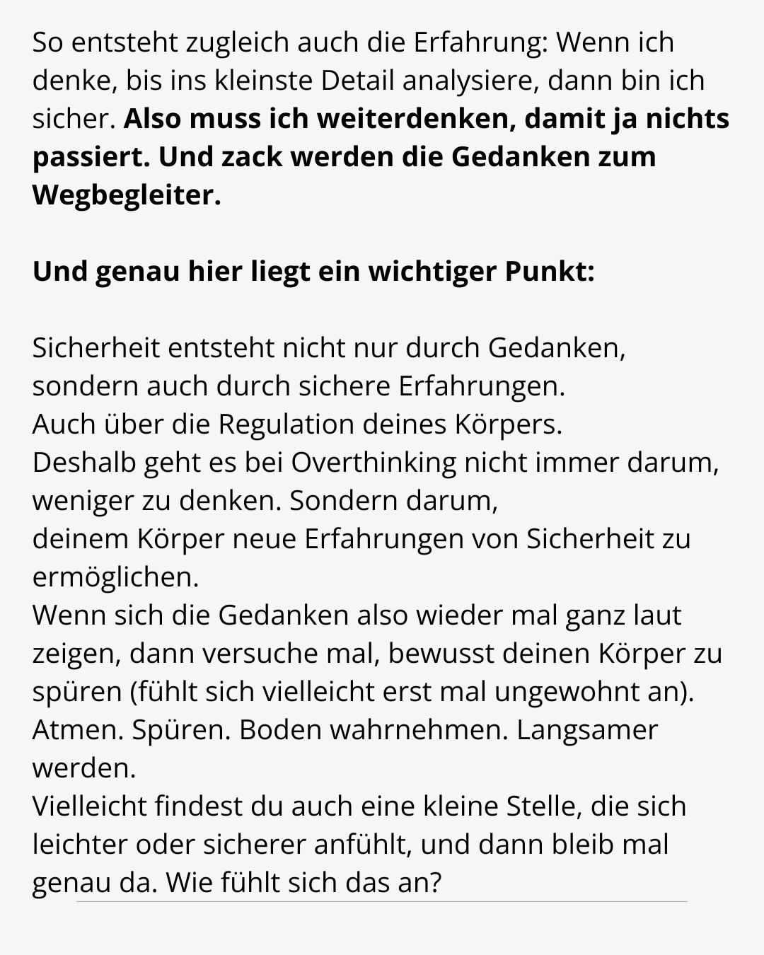 Die Gegenantwort zum Overthinking ist Sicherheit im Körper zu spüren 🫧
#overthinking #somatic #nervoussystemregulation #gedankenkreisen #grübeln