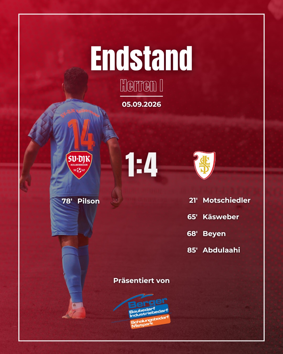 Nach dem gelungenen Saisonauftakt bei Turkspor Rosenheim scheitert unsere erste Mannschaft beim Heimauftakt gegen die @ft_rosenheim deutlich.
Für uns treffen konnte Tobi Pilson in der 78. vom Elfmeterpunkt.
Auch unsere zweite Mannschaft verliert leider knapp gegen unsere Nachbarn vom @tus_grosskarolinenfeld1926.
Trotzdem geben wir natürlich nicht auf und haben die nächsten Spiele fest im Blick!??
#UNSschreibtmqnGEMEINSAM #KämpfenundSiegen #Heimspiel #Kolbermoor #SVDJKKolbermoor